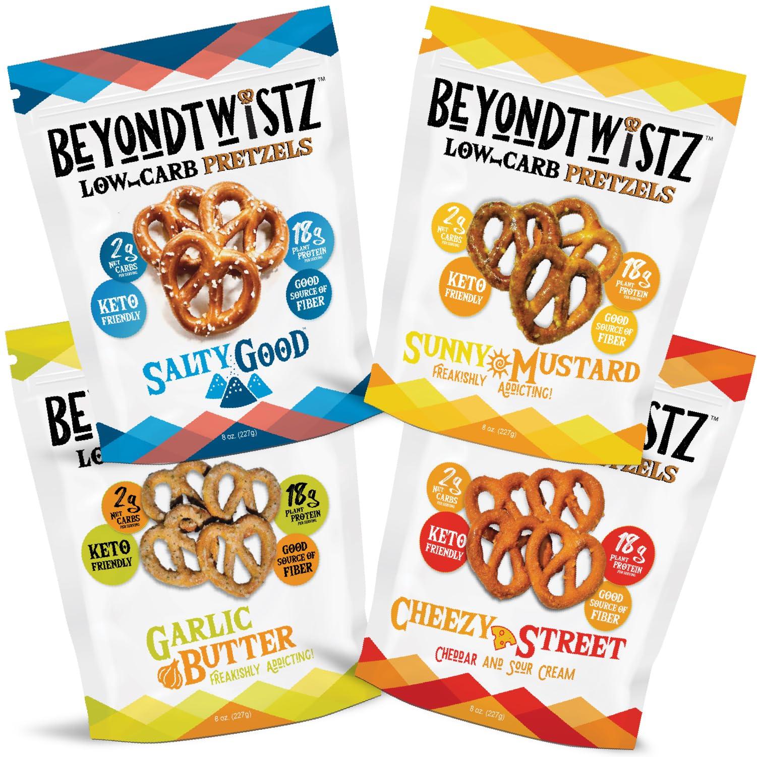 BeyondChipz BeyondTwistz Low Carb Pretzels, Ultimate Sampler Pack, Keto Friendly, 2g Net Carbs, 18g Protein, Powered By HealthSense High Fiber Wheat Flour, Family Size 8oz Bag, Pack of 4