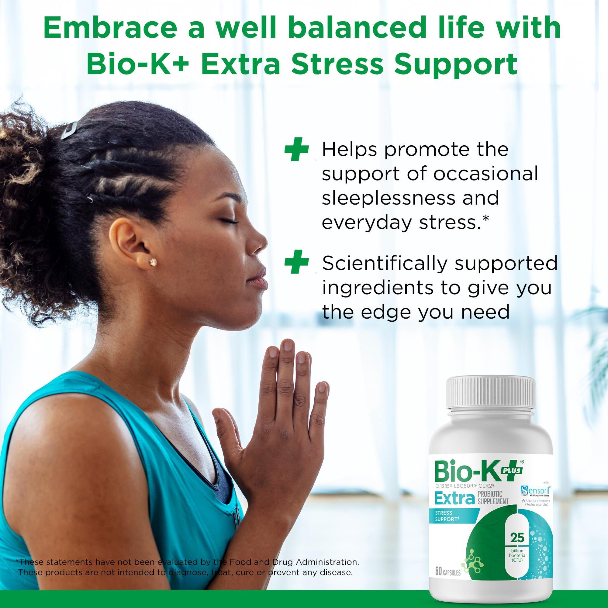 Bio-K Plus Bio K+ Extra Stress Support with Sensoril - Ashwagandha  Vegan Probiotics Supplement for Everyday Stress, Relieving Sleeplessness - 25 Billion CFU 3 Strains  60 Capsules