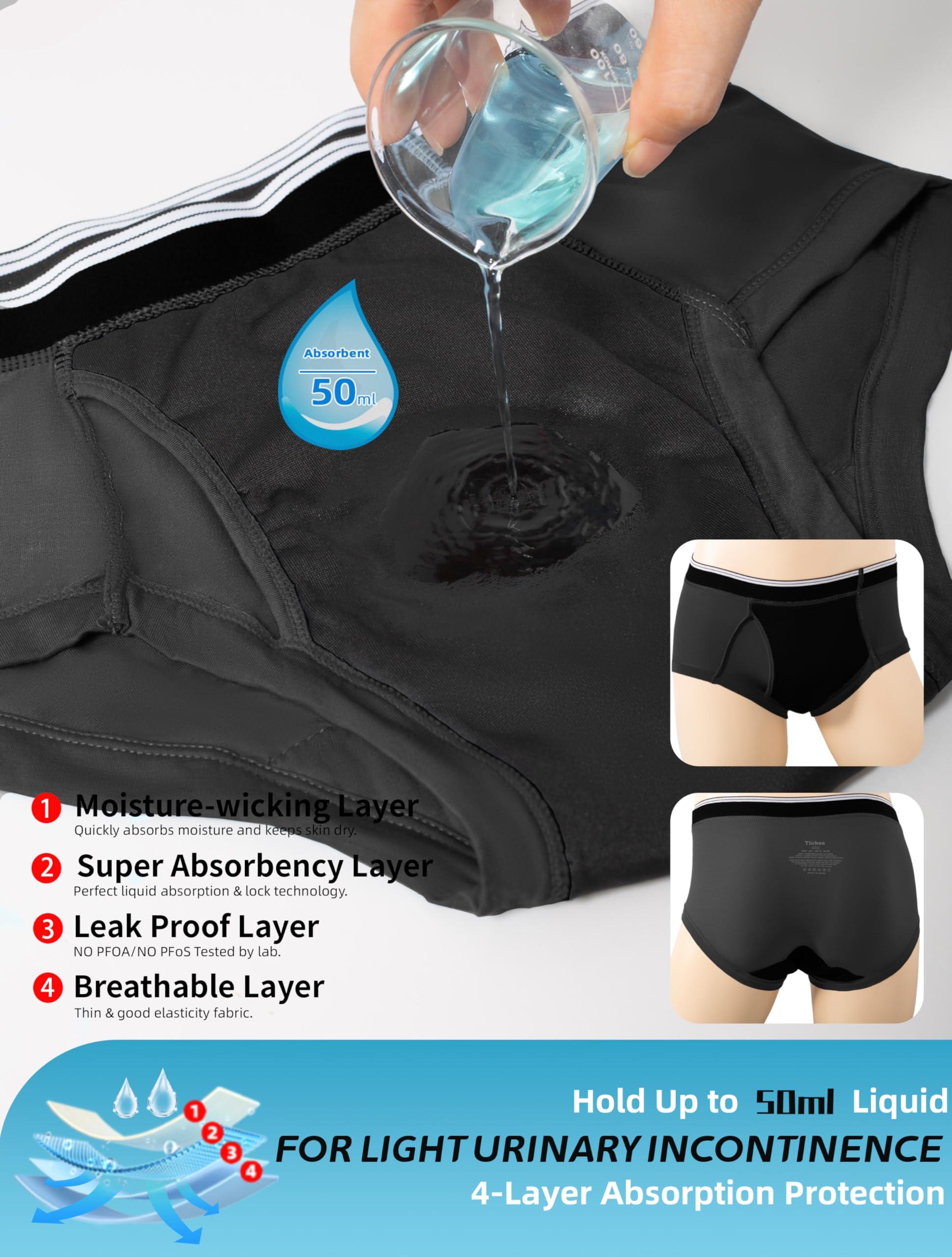TIICHOO TIICHOO Washable Incontinence Underwear for Men Soft Male Protective Leak Proof Briefs with 50 ml Absorbency 5 Pack(XX-Large, 5 Black)