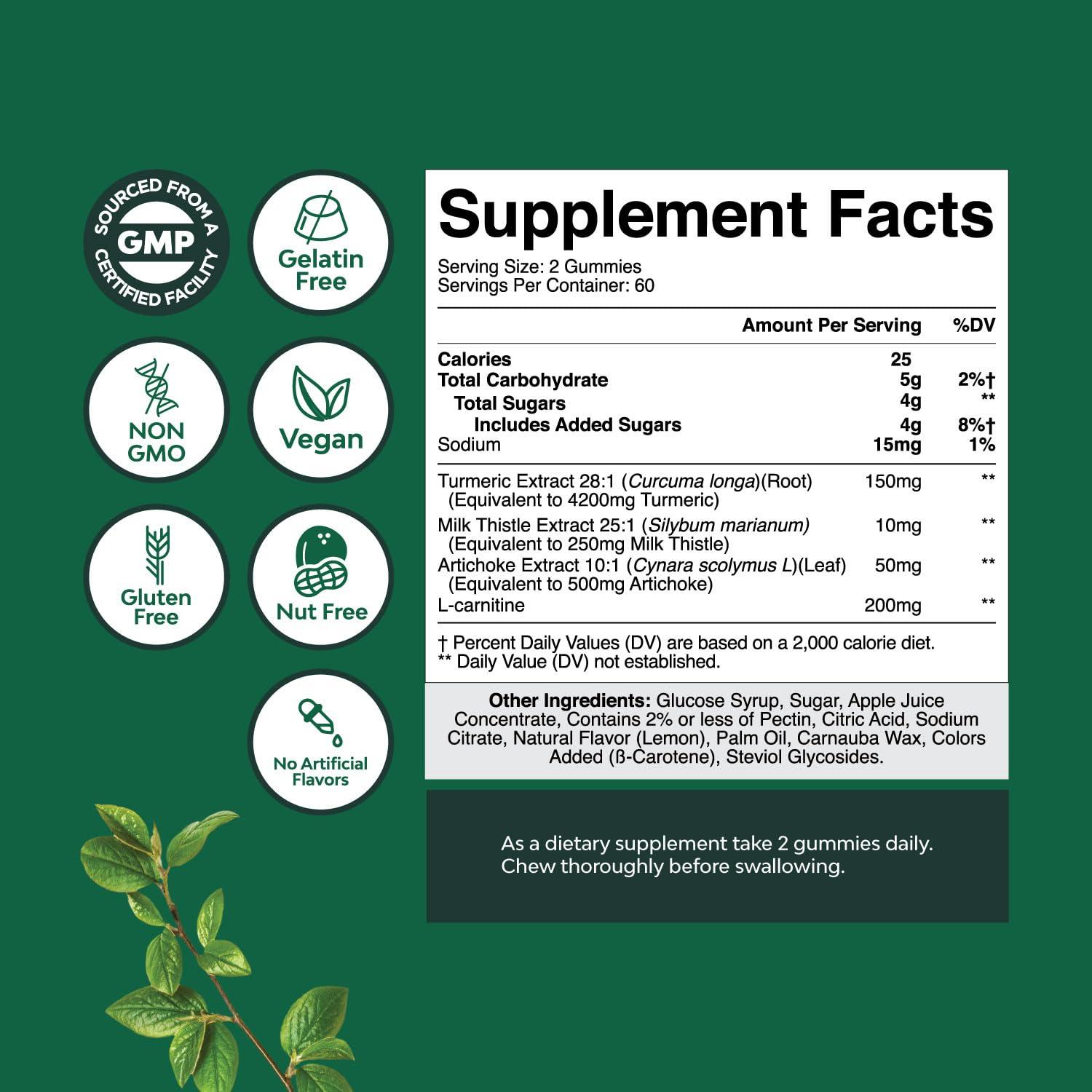 Natures Craft Natures Craft Cleansing Herbal Liver Detox Gummies Liver Support Milk Thistle Gummies with Artichoke Extract Turmeric Curcumin and L-Carnitine - Vegan and Non-GMO - Sweet Lemon (60 Servings)