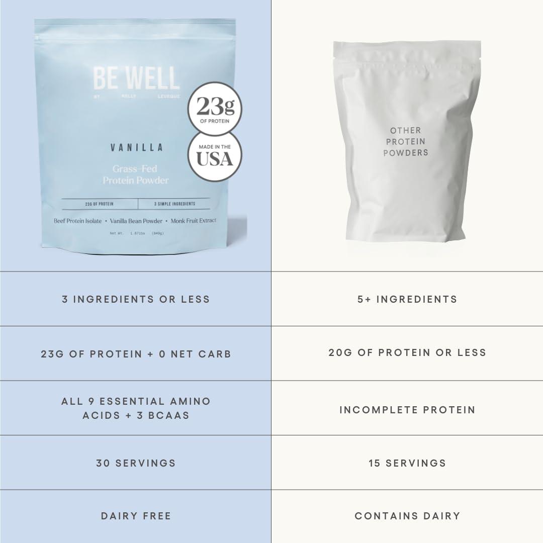 Be Well by Kelly LeVeque Be Well by Kelly Vanilla Grass-Fed Beef Protein Powder, 23G of Protein & Zero Carbs (3 Ingredients, 30 Servings) 9 Amino Acids + 3 BCAAs No Soy, No Dairy, Stevia-Free, No Sugar Added 1.62lb 732g