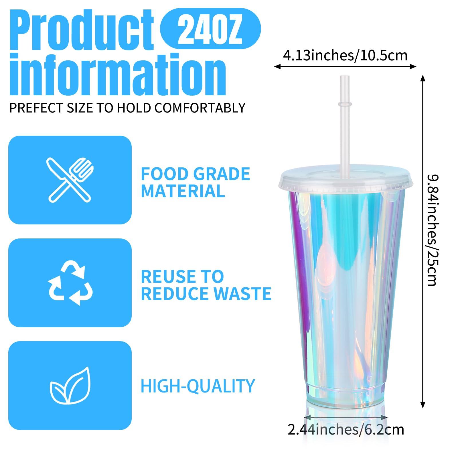 Domensi Domensi Iridescent Plastic Cups with Lids and Straws 24 oz Iridescent Reusable Plastic Tumblers Iced Coffee Cups for Shiny Disco Birthday Wedding Bachelorette Party Supplies(12 Pack)