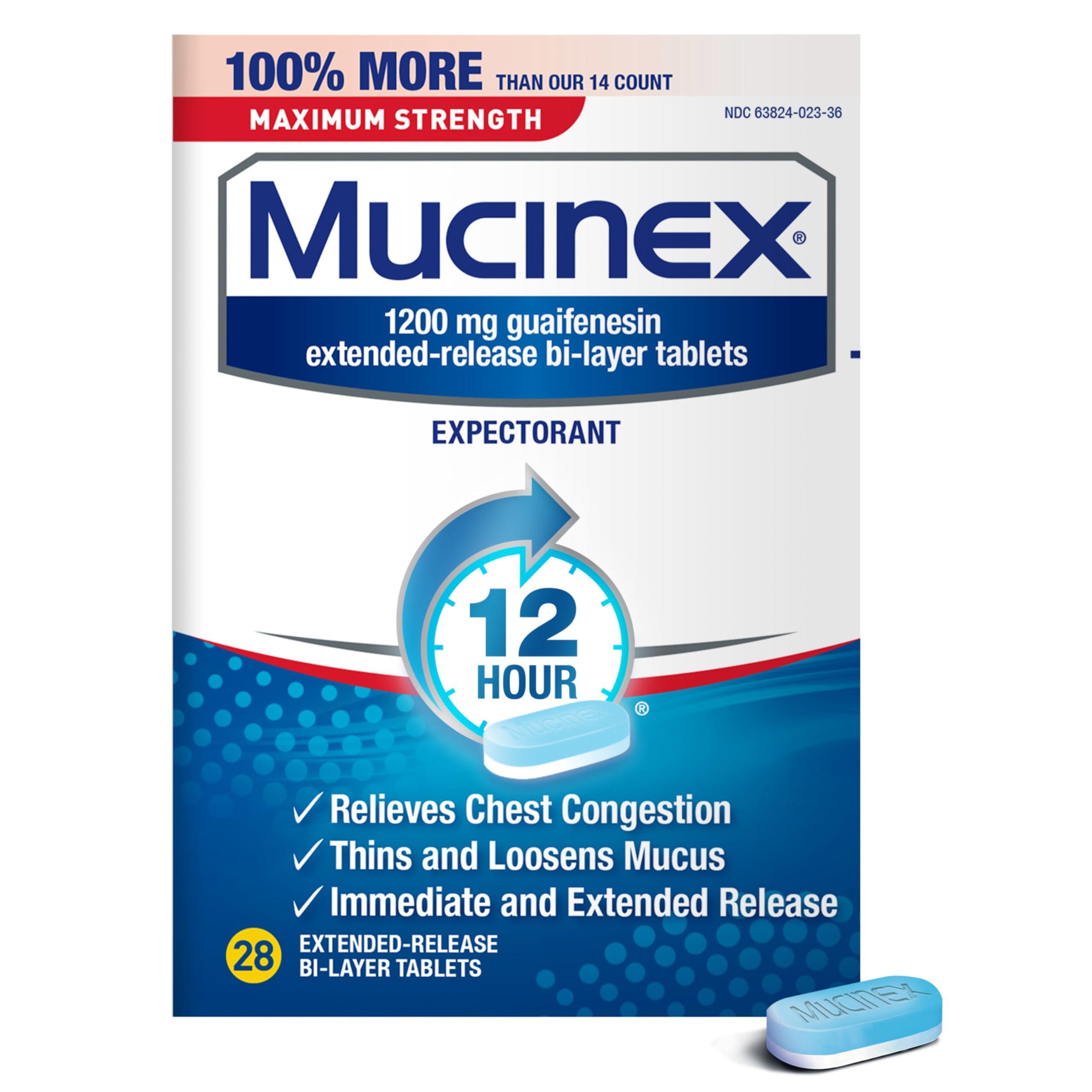 Mucinex Mucinex Maximum Strength 12 Hour Chest Congestion Expectorant Relief Tablets, 1200 mg, Thins & Loosens Mucus, 28 Count