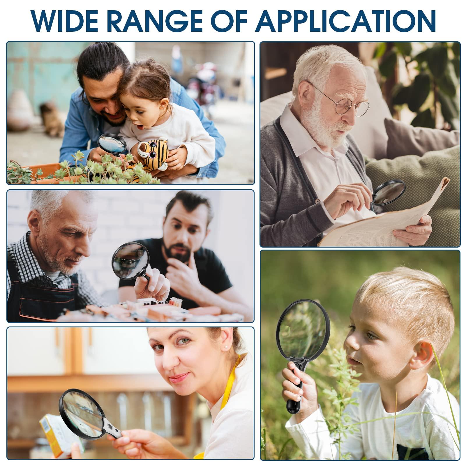 Ebbnivs Large Magnifying Glass with Light, Magnifier 10X 20X 45X Handheld Illuminated Lighted Magnifier with 3 LED Lights 1UV Light Storage Bag Clean Cloth for Seniors Reading Inspection (Black)