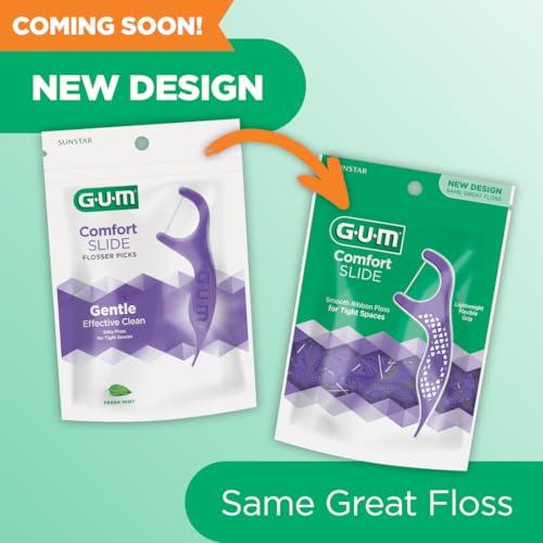 GUM GUM Comfort Slide Floss Picks - Perfect for Tight Teeth - Extra Strong Shred-Resistant Dental Floss, Easy Grip Handle - Dental Flossers for Adults - Fresh Mint Flavor, 90 ct