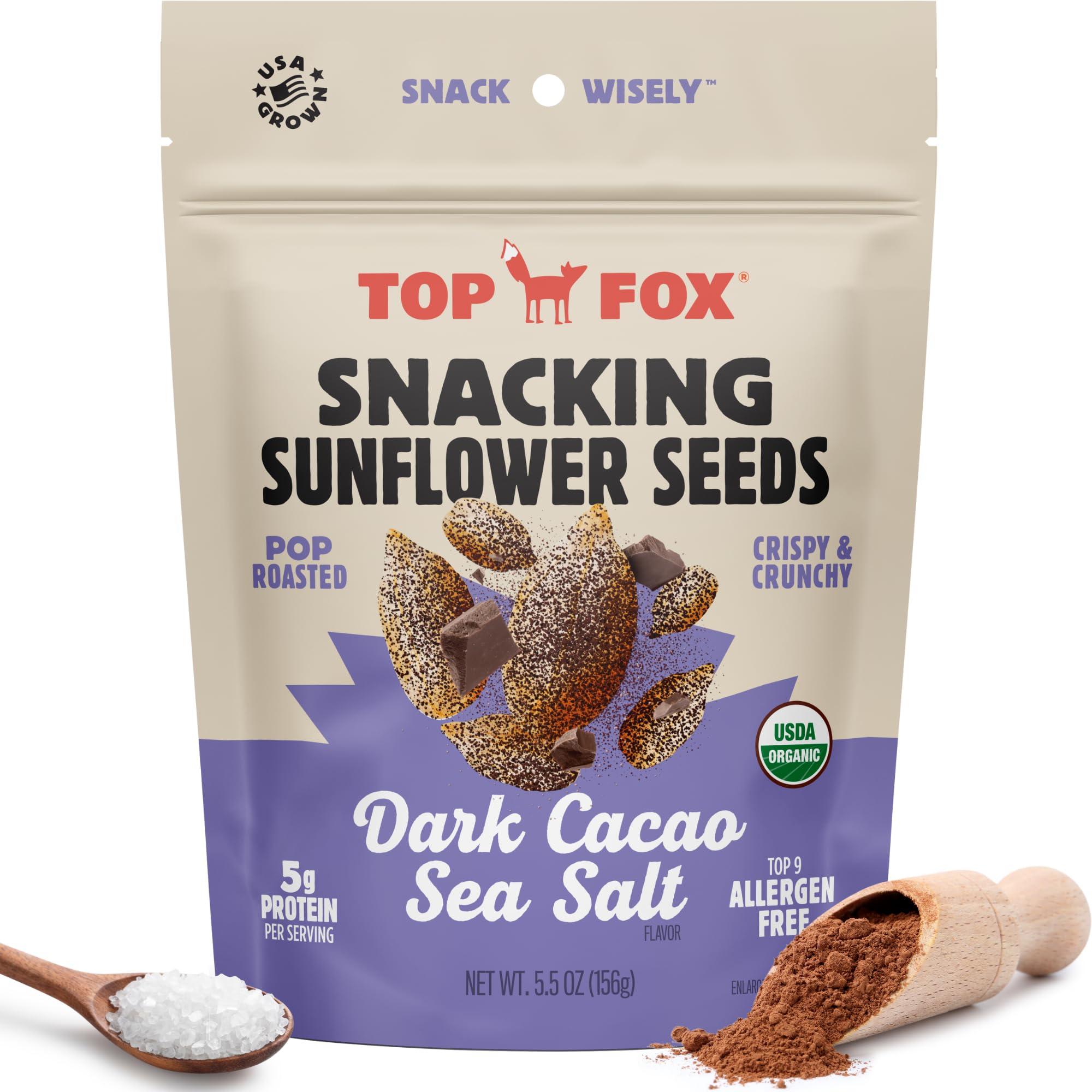 TOP FOX Top Fox Snacks - Organic Pop-Roasted Sunflower Seeds | Healthy Protein Snacks - Gluten Free - Keto and Vegan Friendly (Dark Cacao Sea Salt, 5.5 oz - 6 Pack)