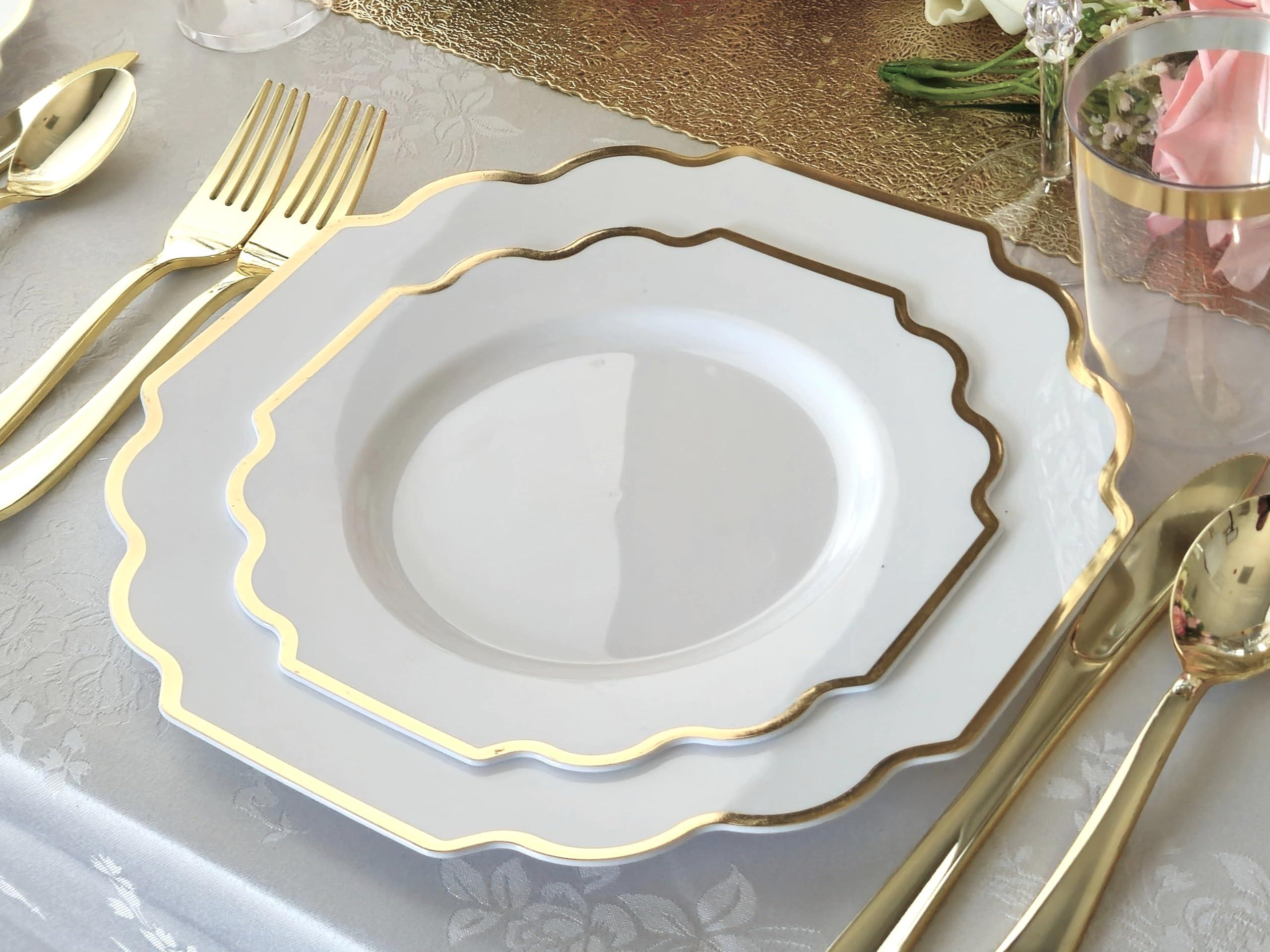 OCCASIONS FINEST PLASTIC TABLEWARE " OCCASIONS " 120 Plates Pack, Heavyweight Disposable Wedding Party Plastic Plates (8'' Appetizer/Dessert PlateImperial in White & Gold)