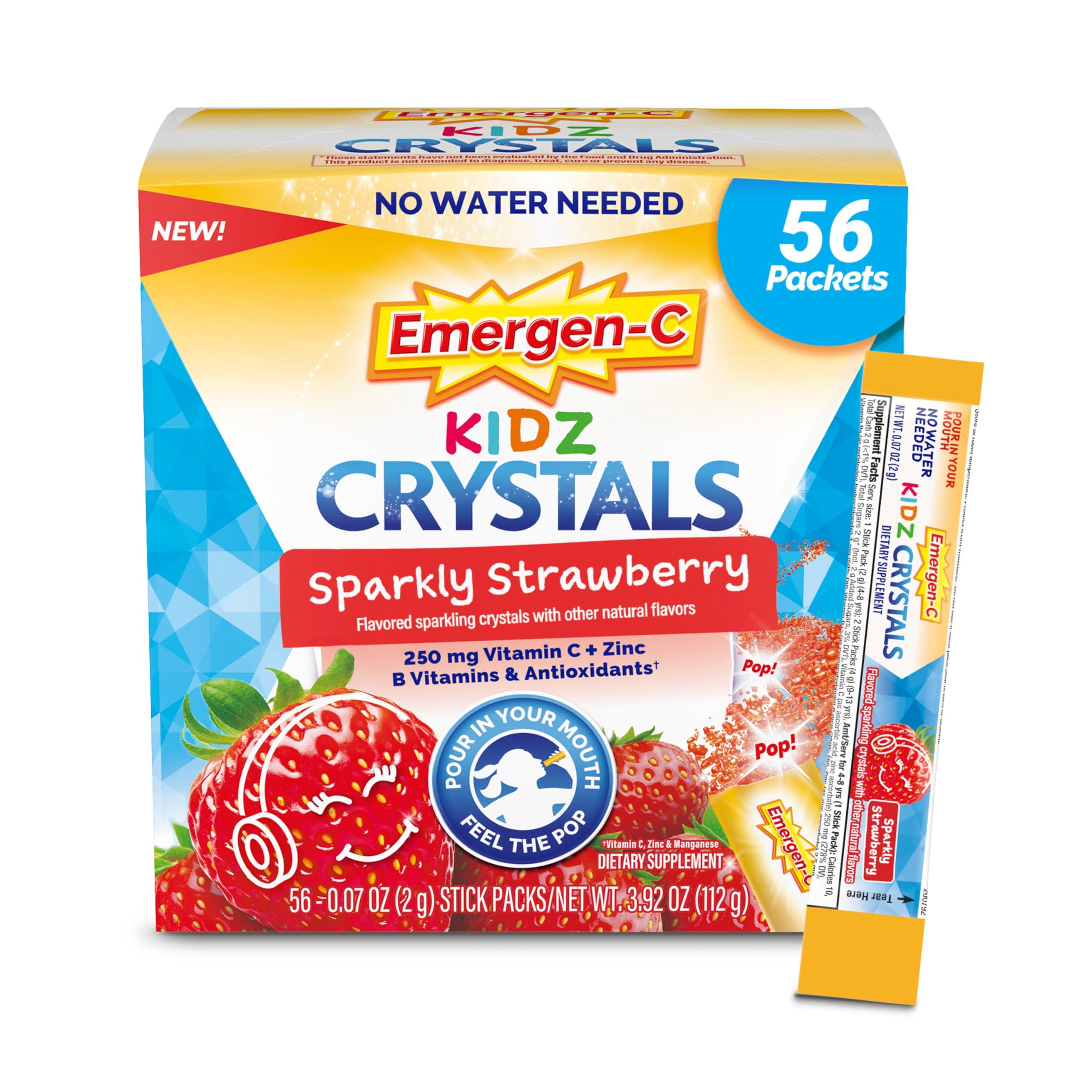 Emergen-C Emergen-C Kidz Crystals, Stocking Stuffer, On-the-Go Emergen-C Immune Support Supplement with Vitamin C, B Vitamins, Zinc and Manganese, Sparkly Strawberry - 56 Stick Packs