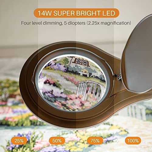 bemelux Bemelux LED Magnifying Lamp with Clamp, 5 Inch Magnifier Glass Lens, Metal Swing Arm Dimming 1200 Lumens Lighted Magnifying Desk Lamp for Crafts, Bright 60PCS LEDs - 2.25X Magnification(Silver)