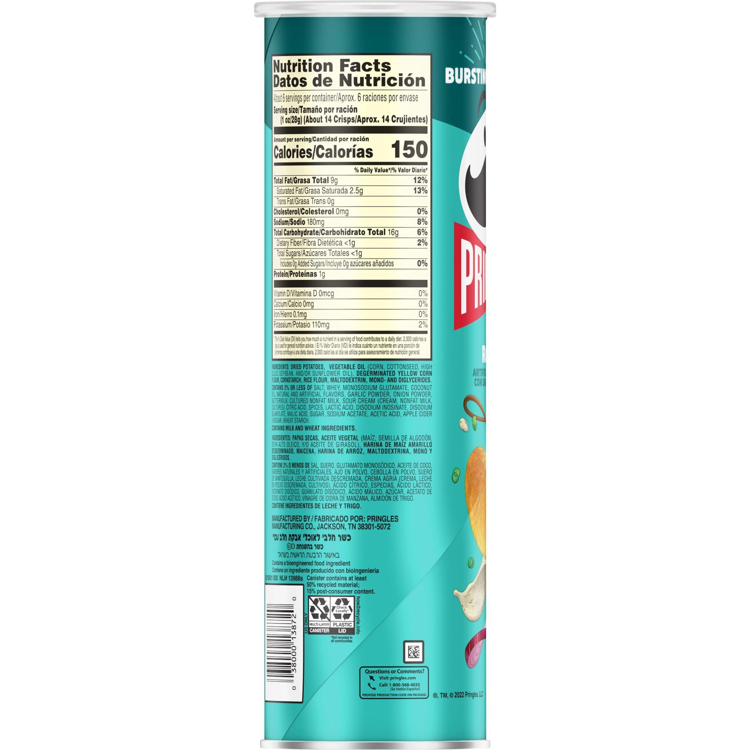 Pringles Pringles Potato Crisps Chips, Lunch Snacks, On-The-Go Snacks, Ranch, 5.5oz Can (1 Can)