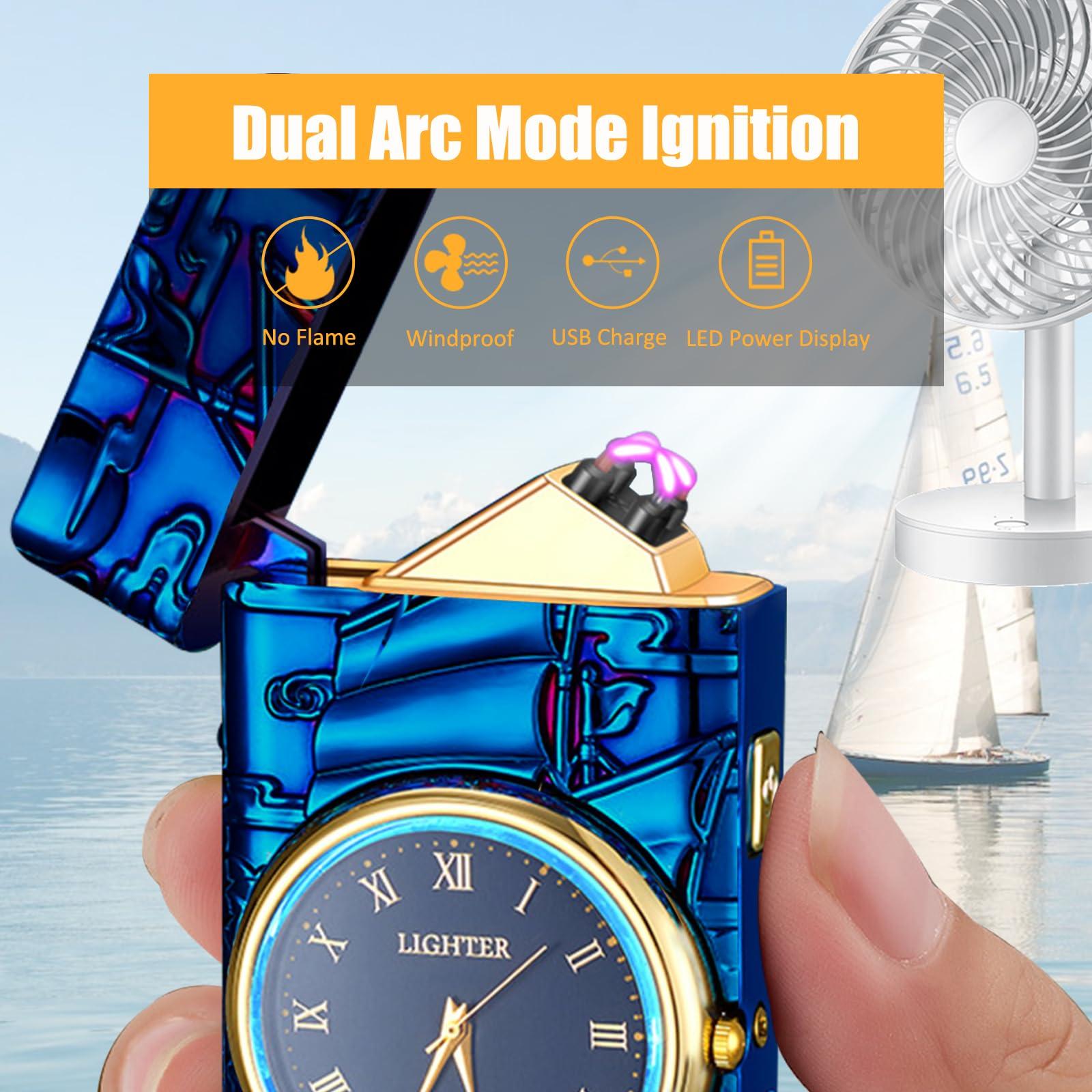comanyi COMANYI Electric Lighter with Plasma Arc, Windproof USB Rechargeable Lighter with Cool Design, Clock Dial, Flashlight, Power Display for Outdoor Daily Use, Gift for Men Women (Sailboat, Blue)