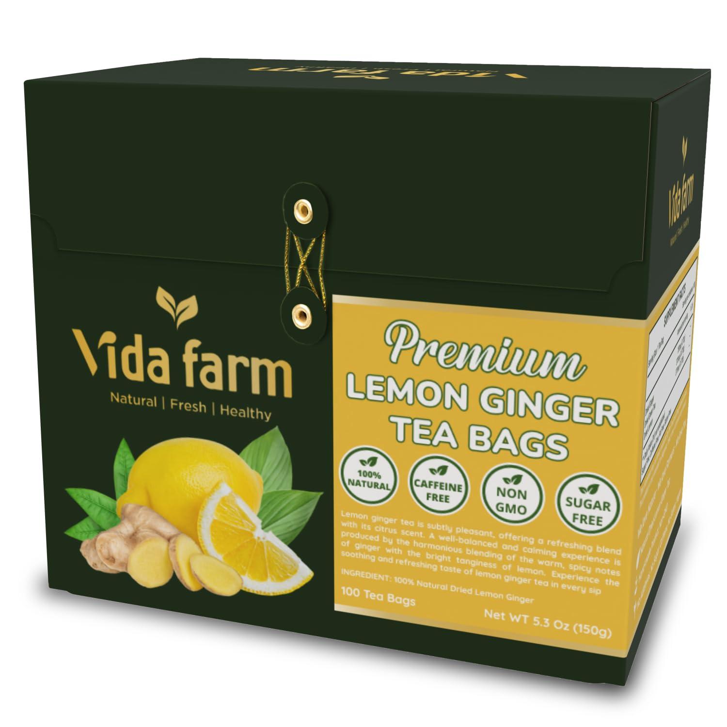 VIDA FARM VIDA FARM 100 Lemon Ginger Tea Bags, 100% Natural Ingredients - Warming & Spicy Blend, Caffeine Free, Sugar Free, Non-GMO, Lemon & Ginger Herbal Tea Beverage