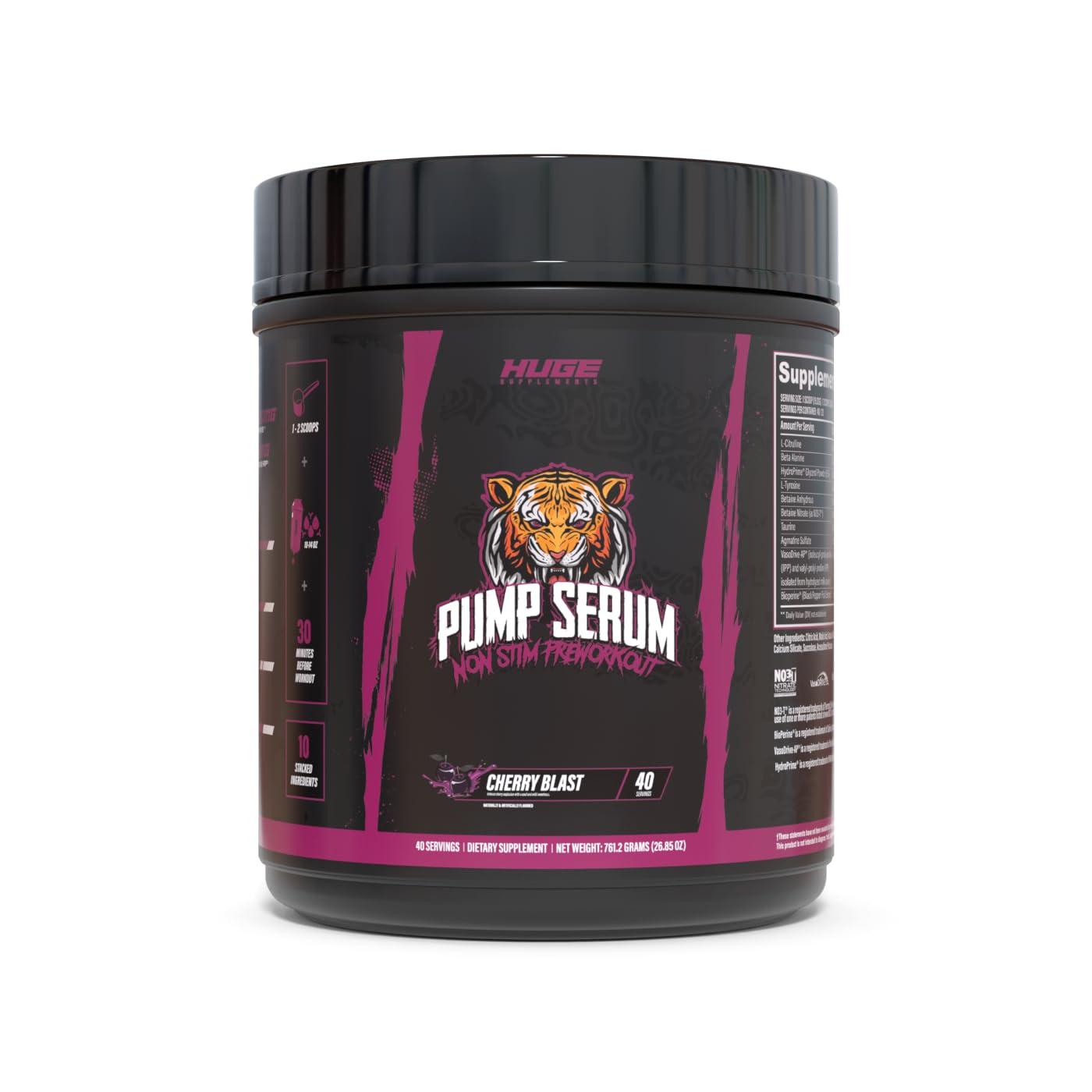 Huge Supplements Huge Supplements Pump Serum, Stim Free Pre Workout and Nitric Oxide Booster to Enhance Focus, Pumps, Fulness with No Caffeine, L-Citrulline, GlycerPump, L-Tyrosine, Nitrosigine (Cherry Berry)