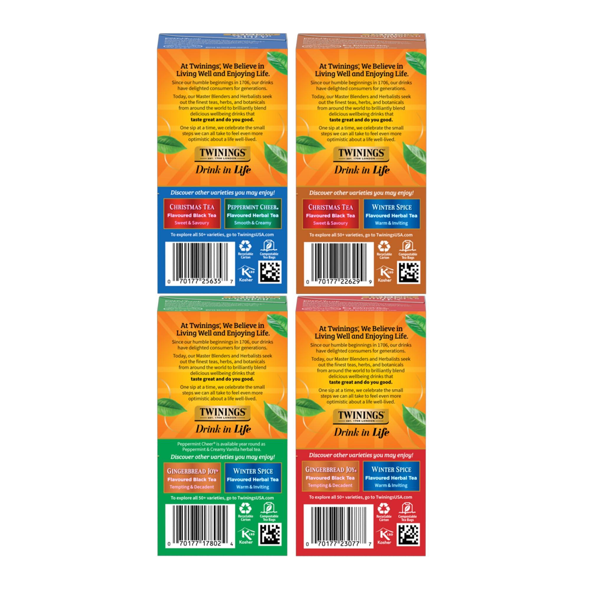 Twinings Twinings Holiday Variety Pack Tea Bags, Christmas Tea, Winter Spice, Gingerbread Joy, Peppermint Cheer, 20 Count (Pack of 4), Enjoy Hot or Iced | Packaging May Vary