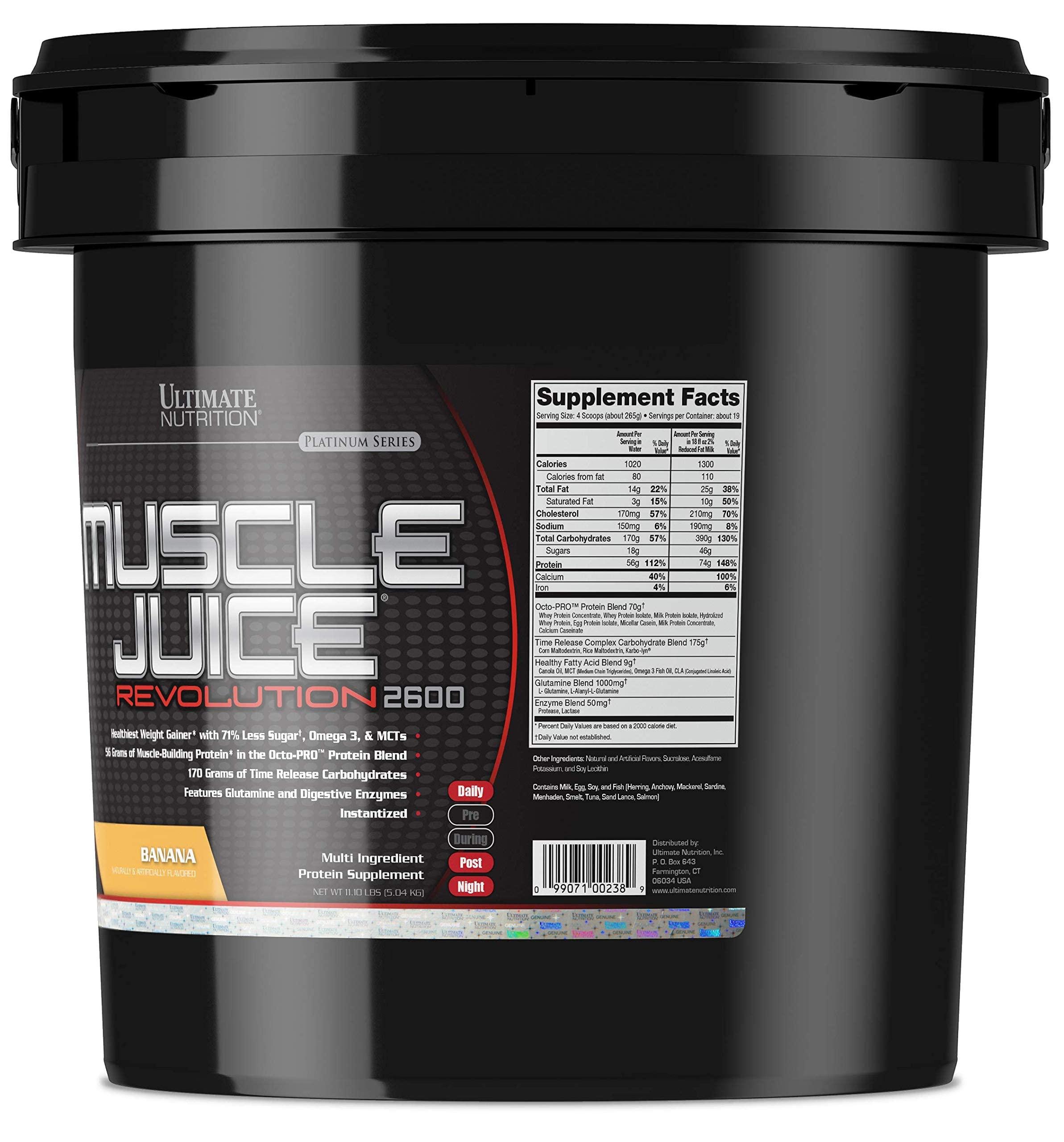 Ultimate Nutrition Ultimate Nutrition Muscle Juice Revolution 2600 Weight Gainer, Muscle Recovery with Glutamine, Micellar Casein and Time Release Complex Carbohydrates, Banana Protein Powder, 11.1 Pounds