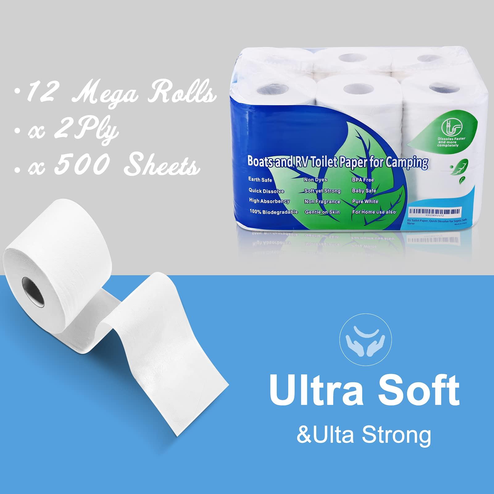 XUERUHU RV Toilet Paper Quick Dissolve 2 Ply Septic Safe, Biodegradable, 500-Sheet 12 Rolls Camping Toilet Paper For RVs, Boats, Marine And Campers Rapid Dissolving Toilet Tissue Soft Yet Strong (black)