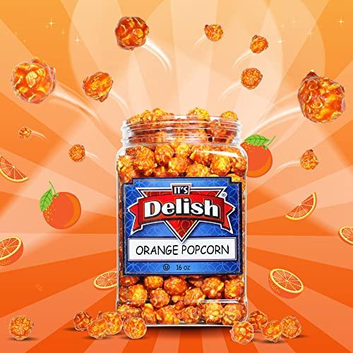 It's Delish Gourmet Orange Flavored Popcorn by It's Delish, 16 Oz Jumbo Container | Bulk Air Popped Pop Corn Snack - Fruity Orange Themed Candy Confetti – Gluten Free, Vegan, Kosher, 1 Count