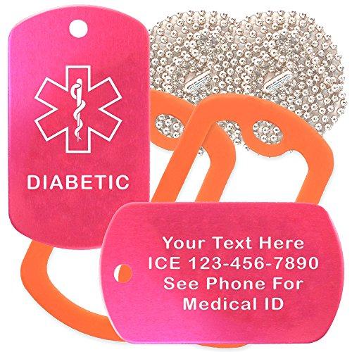 Goods For Giving Custom 2 Pack - Diabetic Medical Alert ID Necklaces with Pink Hot Custom Tags, Orange Silencers, and 30'' USA Chains