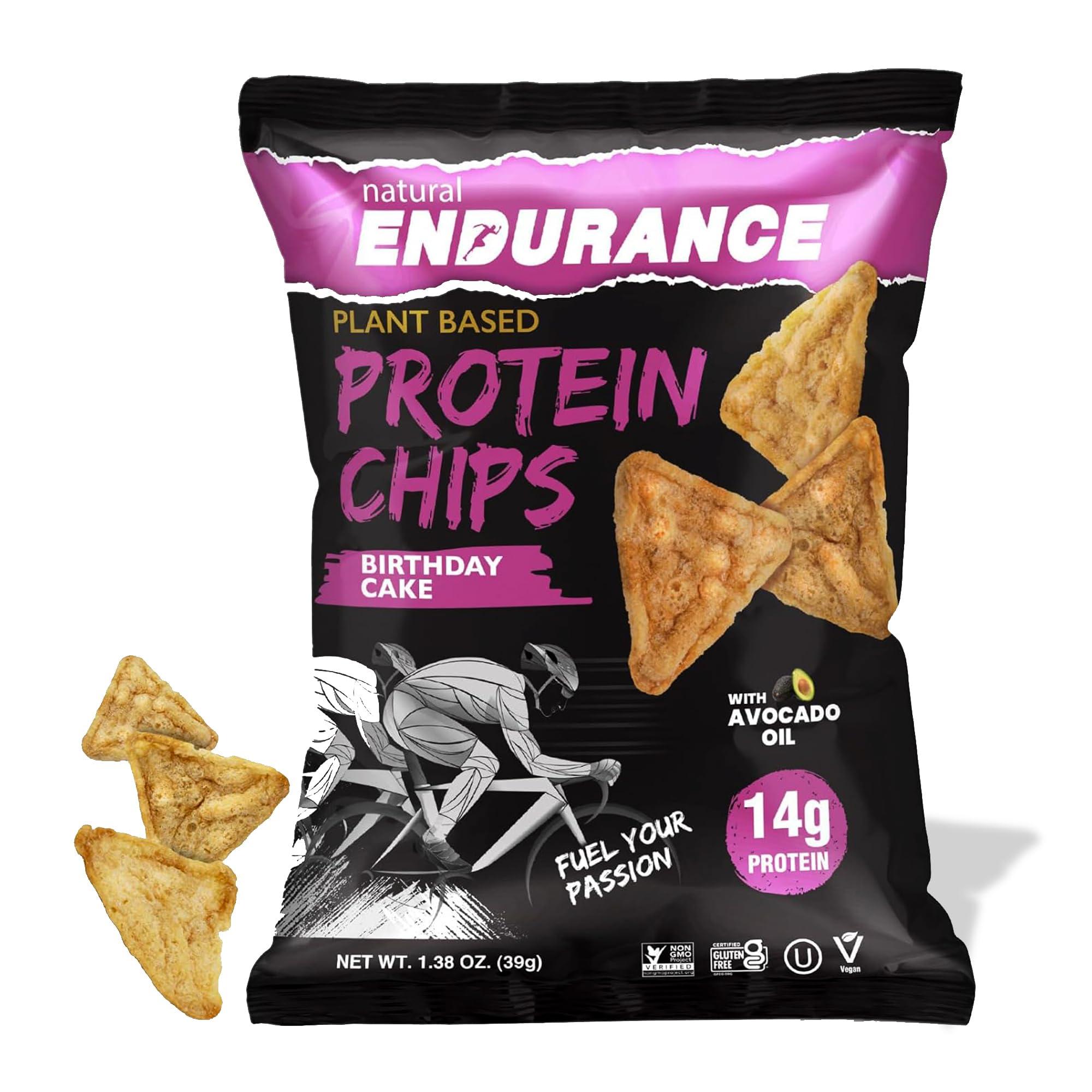 natural ENDURANCE Natural Endurance Protein Chips - Low Carb Chips, High Protein Snack, Vegan Protein with Avocado Oil, 14g Protein Per Bag, Gluten Free, Birthday Cake Flavor - 1.38 oz Bags (Pack of 12)