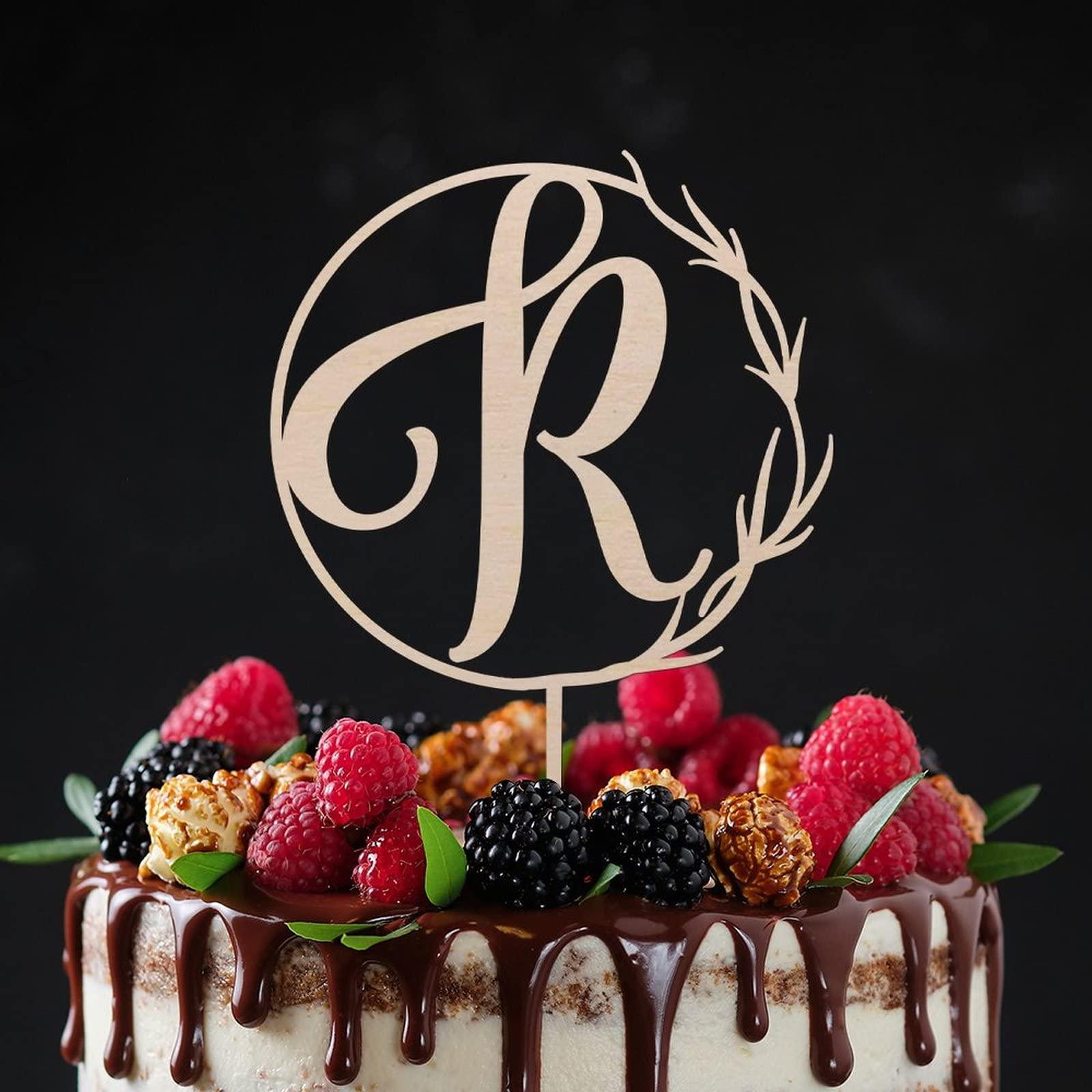 Vinisong Vinisong Personalized Initials Cake Topper Wreath Letter R Cake Topper Wood Monogram Cake Topper Rustic Wedding Cake Topper Birthday Cake Decoration(Design 06,R)