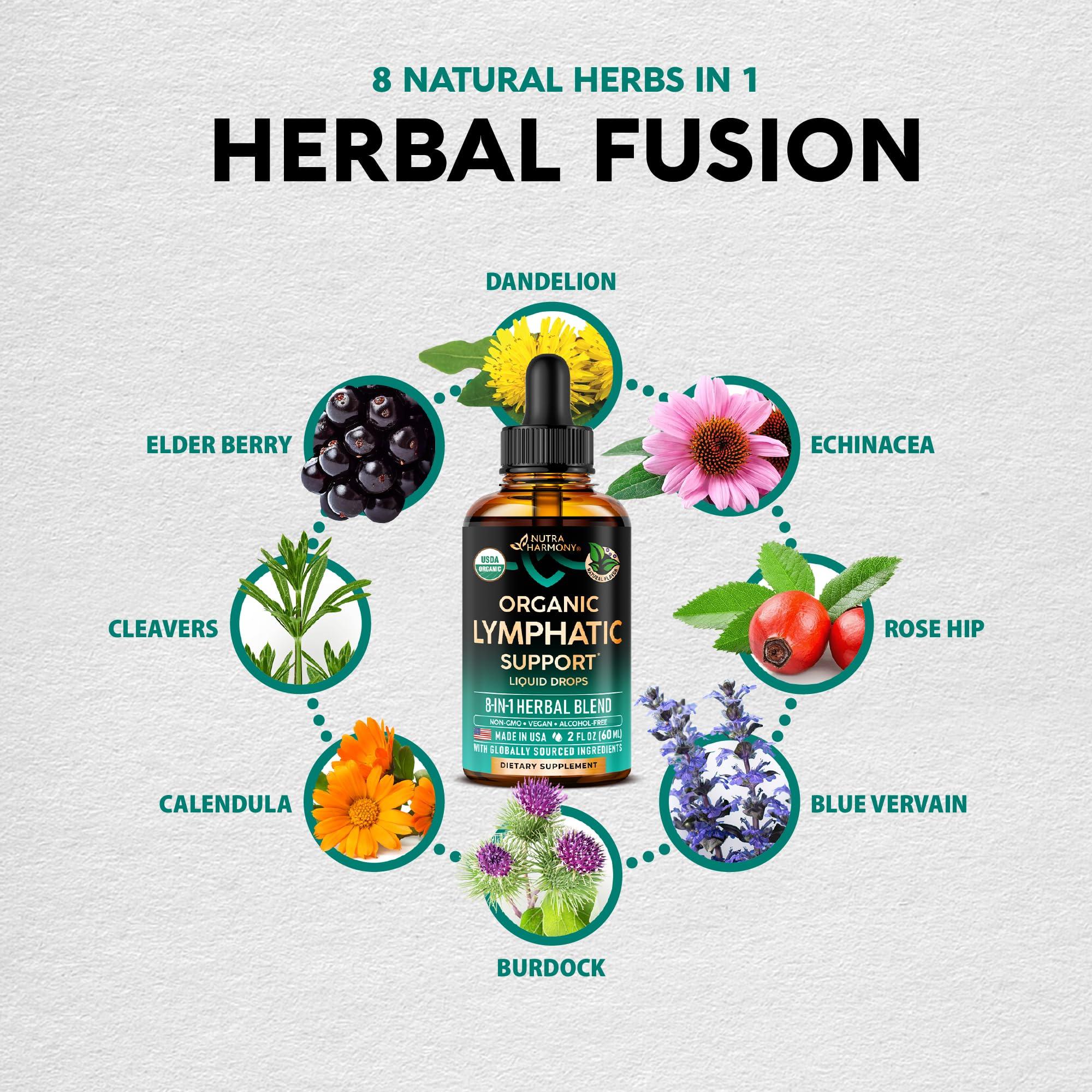 NUTRAHARMONY USDA Organic Lymphatic Drainage Supplement - Echinacea | Elderberry | Dandelion | Rosehip | Cleavers | Calendula | Burdock - Made in USA - Lymph System Drops - Immune Support, Cleanse & Detox, 2 fl oz