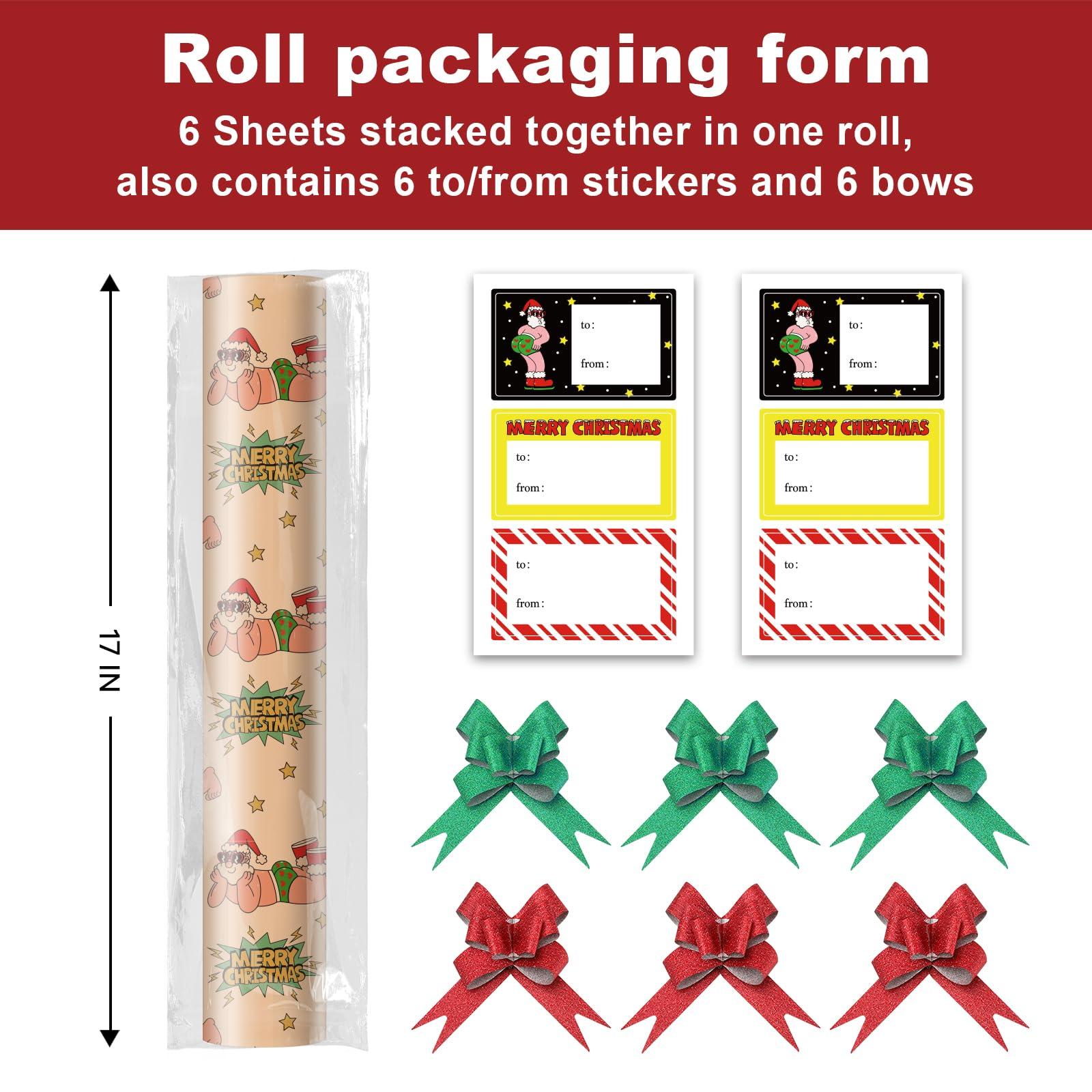 EWES EWES Kraft Christmas Wrapping Paper Brown Set Funny Rolls vintage Santa Claus For Kids Cute Cartoon Thick Gift Wrap Sheets Unique Retro Heavy Duty Reversible Fun Total 28.5sq.ft