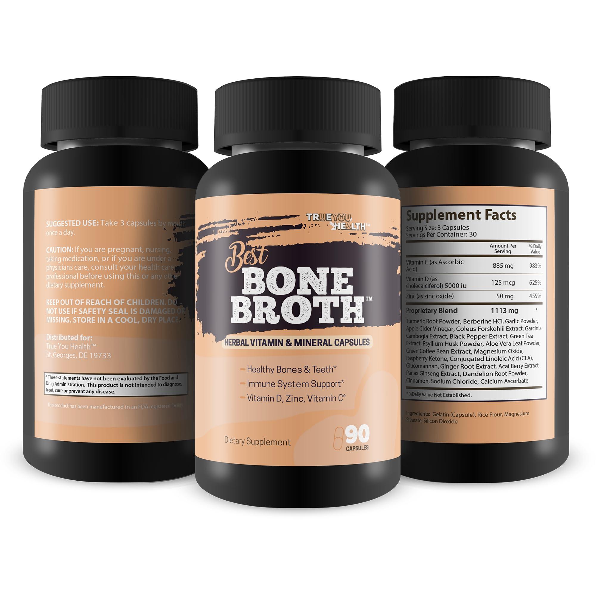 True You Health Best Bone Broth Capsules - Bone Health & Immunity Supplement - Bone Broth Powder Alternative Capsules - Bone Health Supplements Women Over 50 & Bone Health Supplements for Men - Vitamin D Bone Health