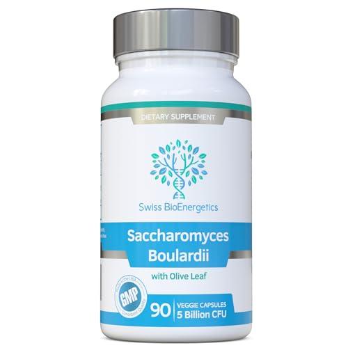 swiss bioenergetics Saccharomyces Boulardii 5 Billion CFU 90 Capsules - No Refrigeration Required - High Strength Non-Colonising Yeast with synergistic Olive Leaf, Biotin and Vitamin D3