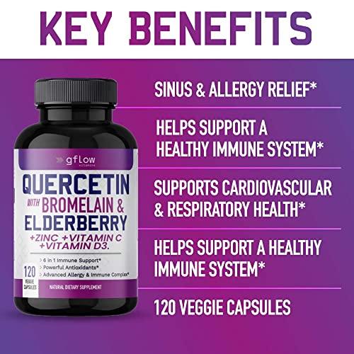 gflow vitamins Quercetin with Vitamin C and Zinc - Quercetin 500mg - Quercetin with Bromelain - Zinc Quercetin - 120 Veggie Caps - Elderberry with zinc and Vitamin c for Adults (Non-GMO, Vegan) 2 Months Supply