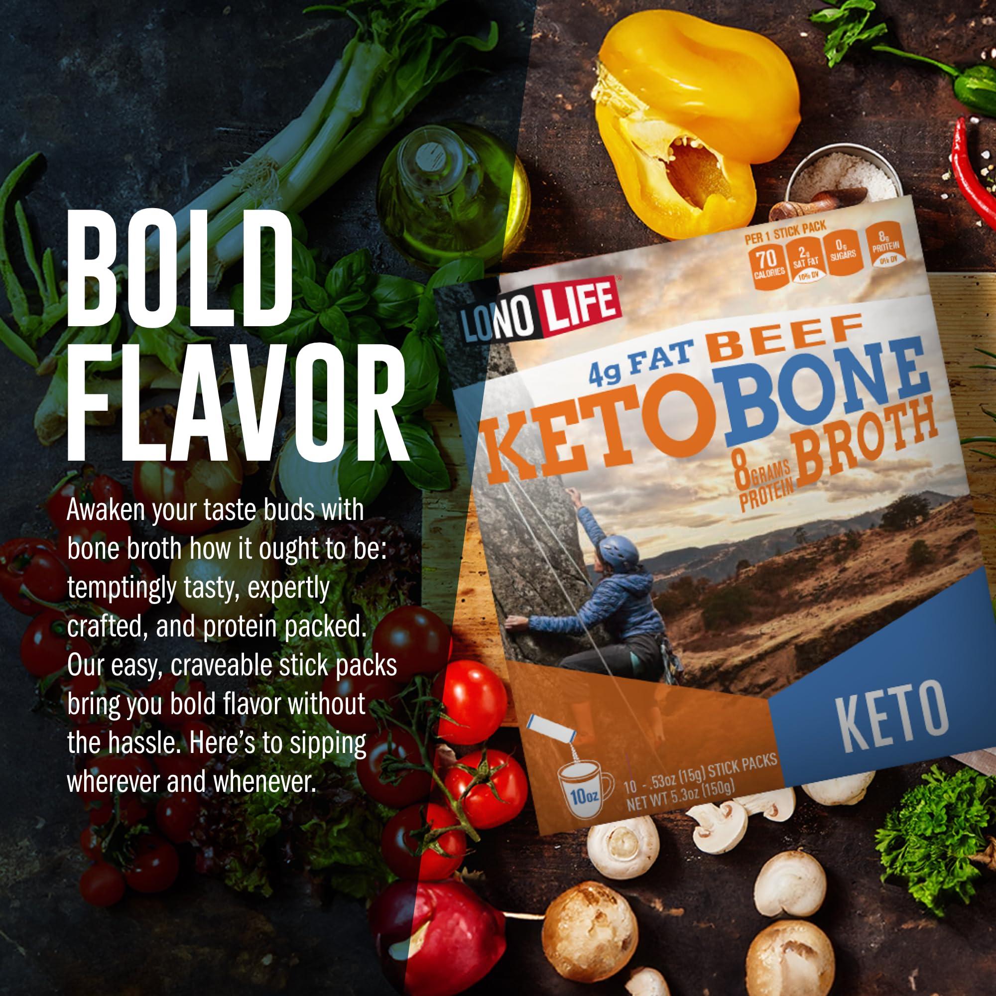 LONOLIFE LonoLife Keto Beef Bone Broth Powder Mix | Grass-Fed, 10g Protein | Collagen-Rich, Keto & Paleo Friendly | Natural Ingredients | 10 Portable Stick Pack Servings