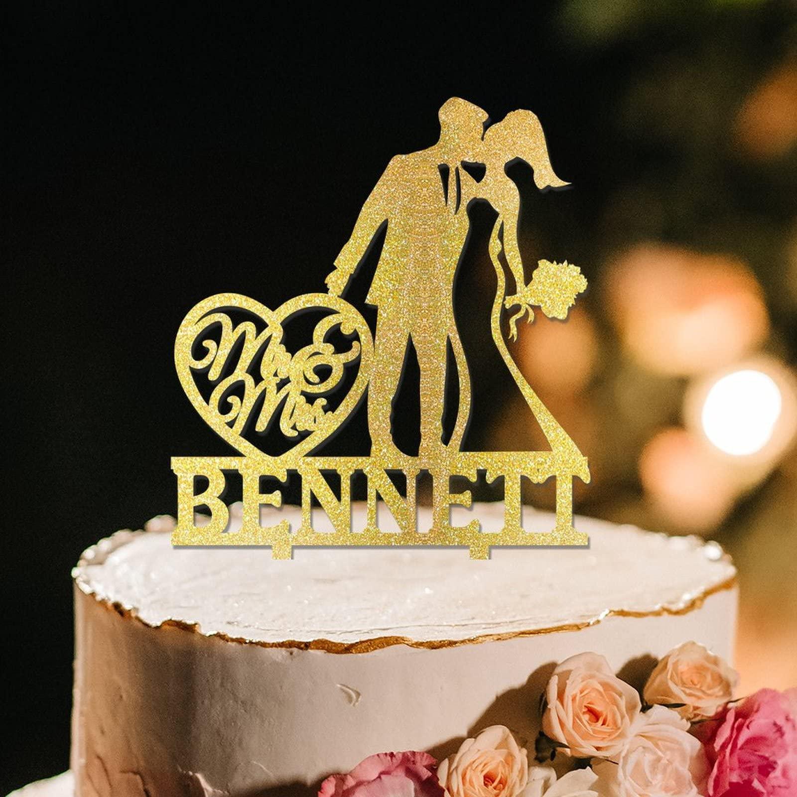 YJHLBHDIAN Mr and Mrs Cake Topper for Wedding Couple Married Cake Topper Afro Bride and Groom Silhouette Wedding Cake Topper Custom Cake Topper Personalized Bride Gift Acrylic Gold Cake Toppers