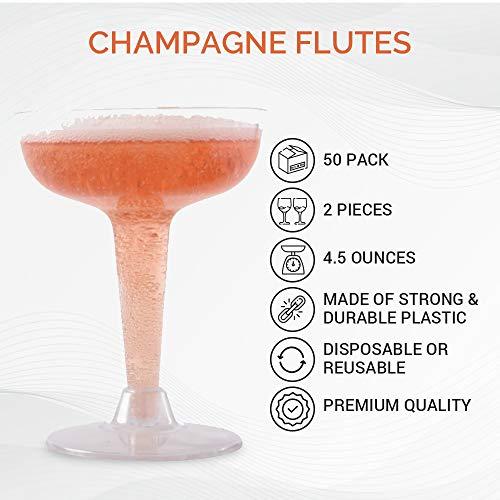 Oasis Creations Oasis Creations Plastic Champagne Glasses Set (50 Count) 4.5 Ounce - Stem Cups 2 Pieces - Ideal for Birthday Party, Wedding Reception and More