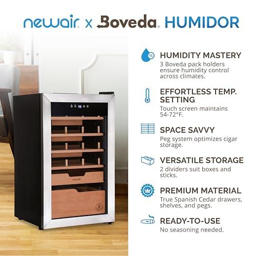 NewAir NewAir x Boveda 500 Count Electric Humidor, Spanish Cedar Shelves with Temperature Control, Cigar Humidor Box with Built-In Boveda Humidity Control in Stainless Steel