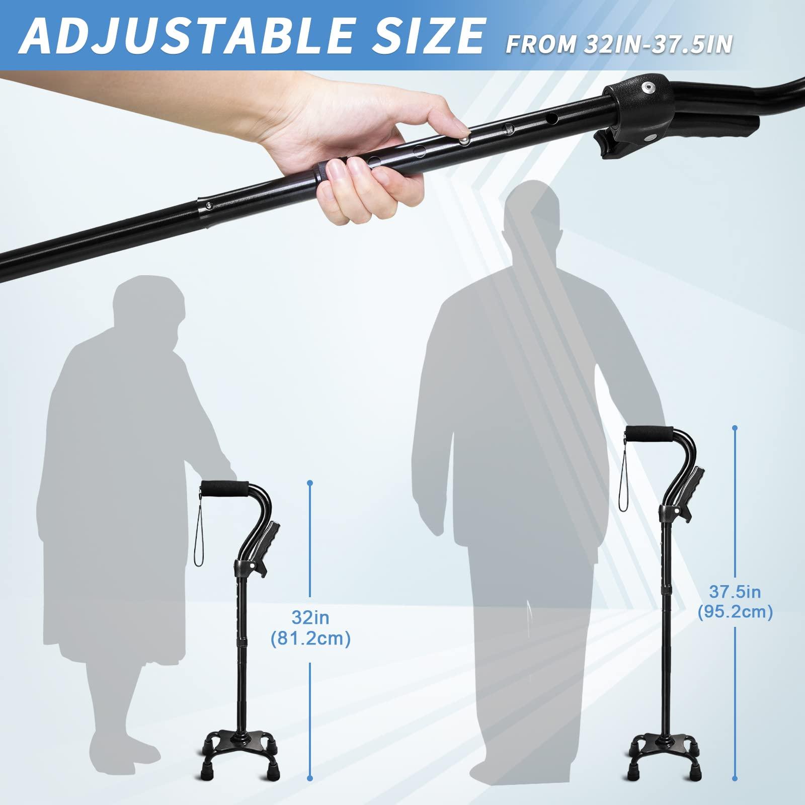 KingPavonini Adjustable Walking Cane for Men & Women with 4-Pronged Base for Extra Stability - Foldable Cane for Seniors with Foam Padded Offset Handle for Soft Grip & a Second Handle for Standing Black