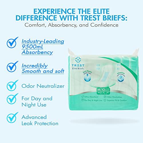 Trest TREST Elite Briefs for Men and Women, Overnight Diapers for Incontinence, Elite Absorbency, Comfortable, Odor Neutralizing and Secure Fit with 2 Wide Tabs - Green, Medium (Pack of 10)