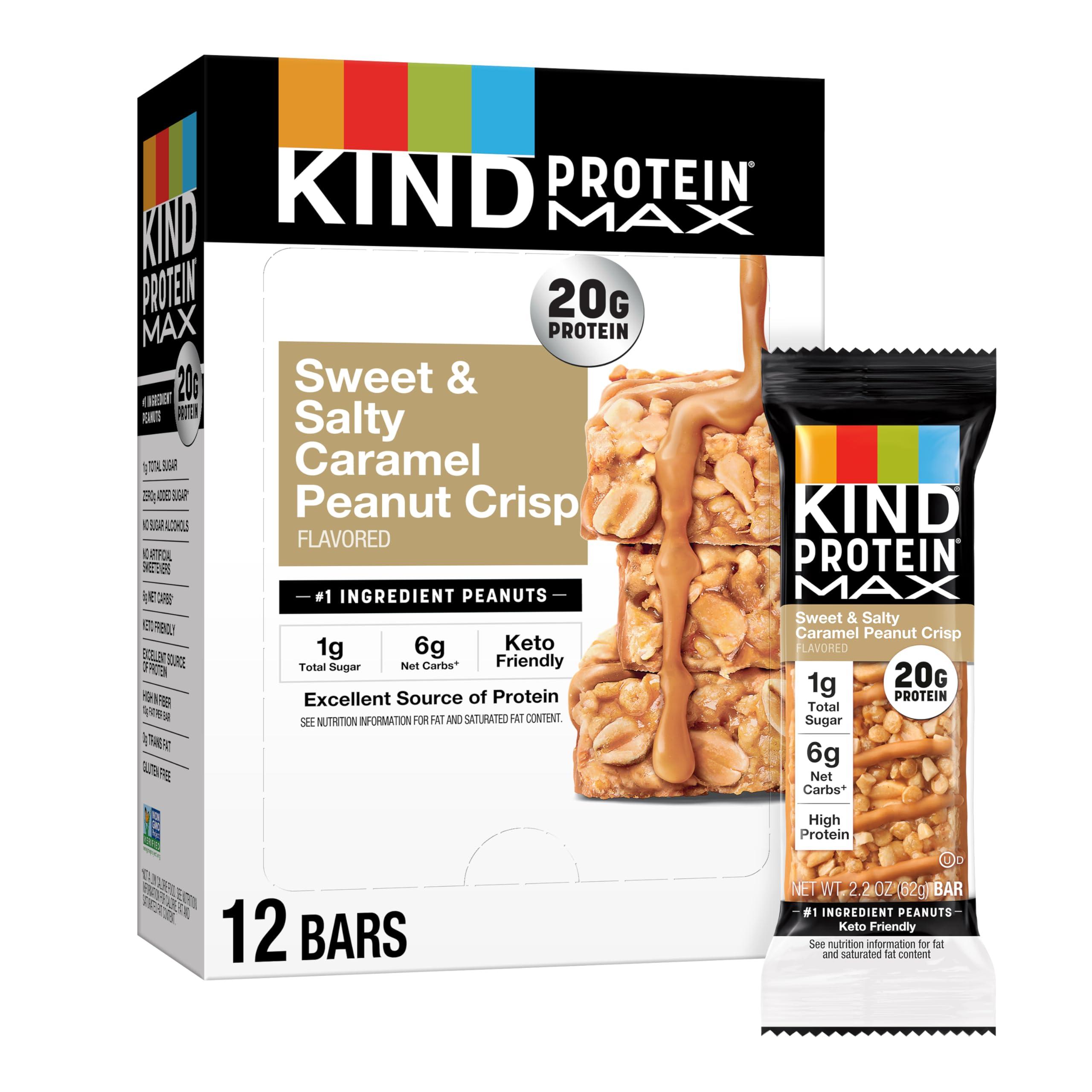 KIND KIND Protein MAX Sweet & Salty Caramel Peanut Crisp Snack Bars, Keto Friendly, 20g Protein, 12 Count