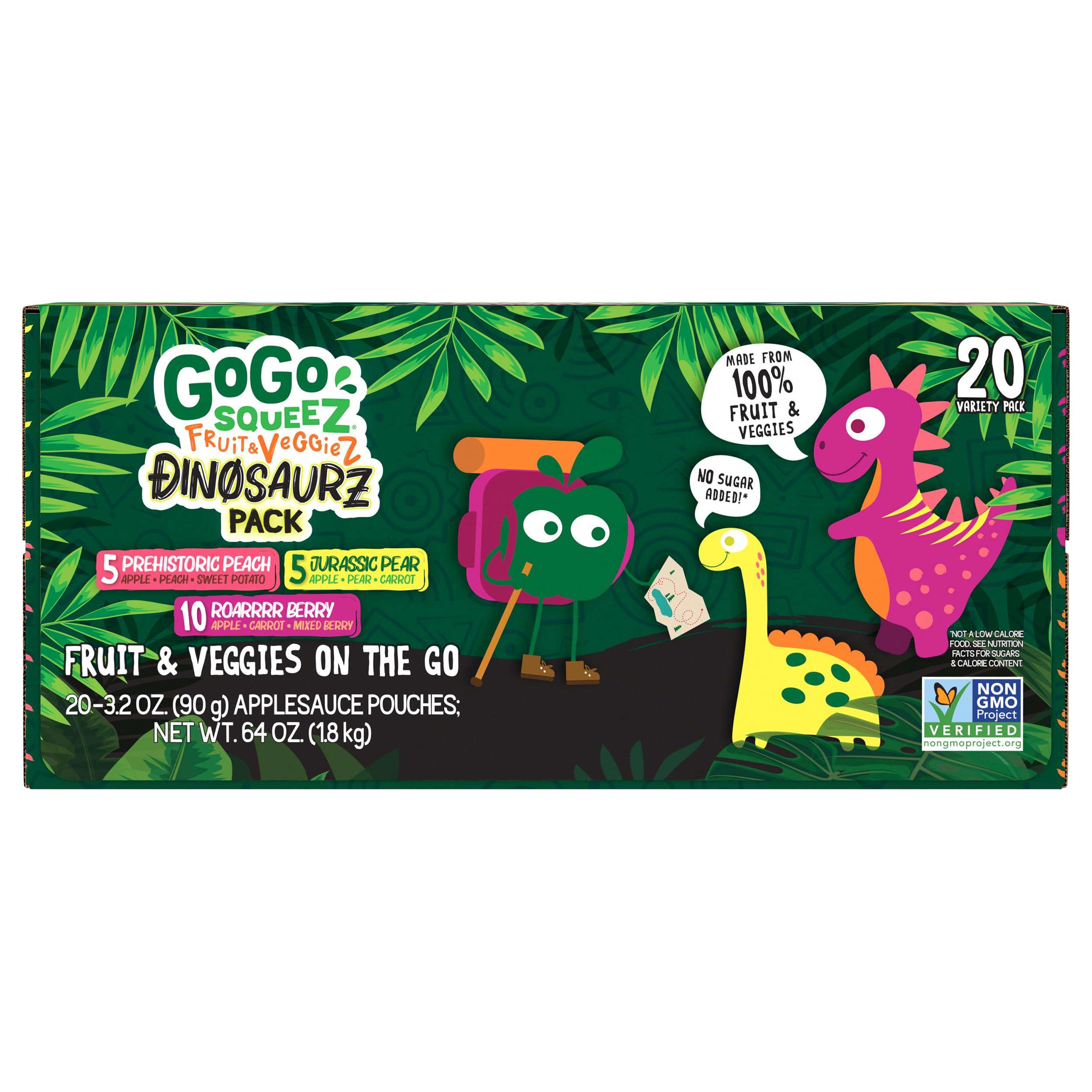 GoGo SqueeZ GoGo squeeZ Fruit & veggieZ Applesauce and Puree Variety Pack, Jurassic Pear, Roarrrr Berry & Prehistoric Peach, 3.2 oz (Pack of 20), Unsweetened Snacks for Kids, BPA Free Pouches
