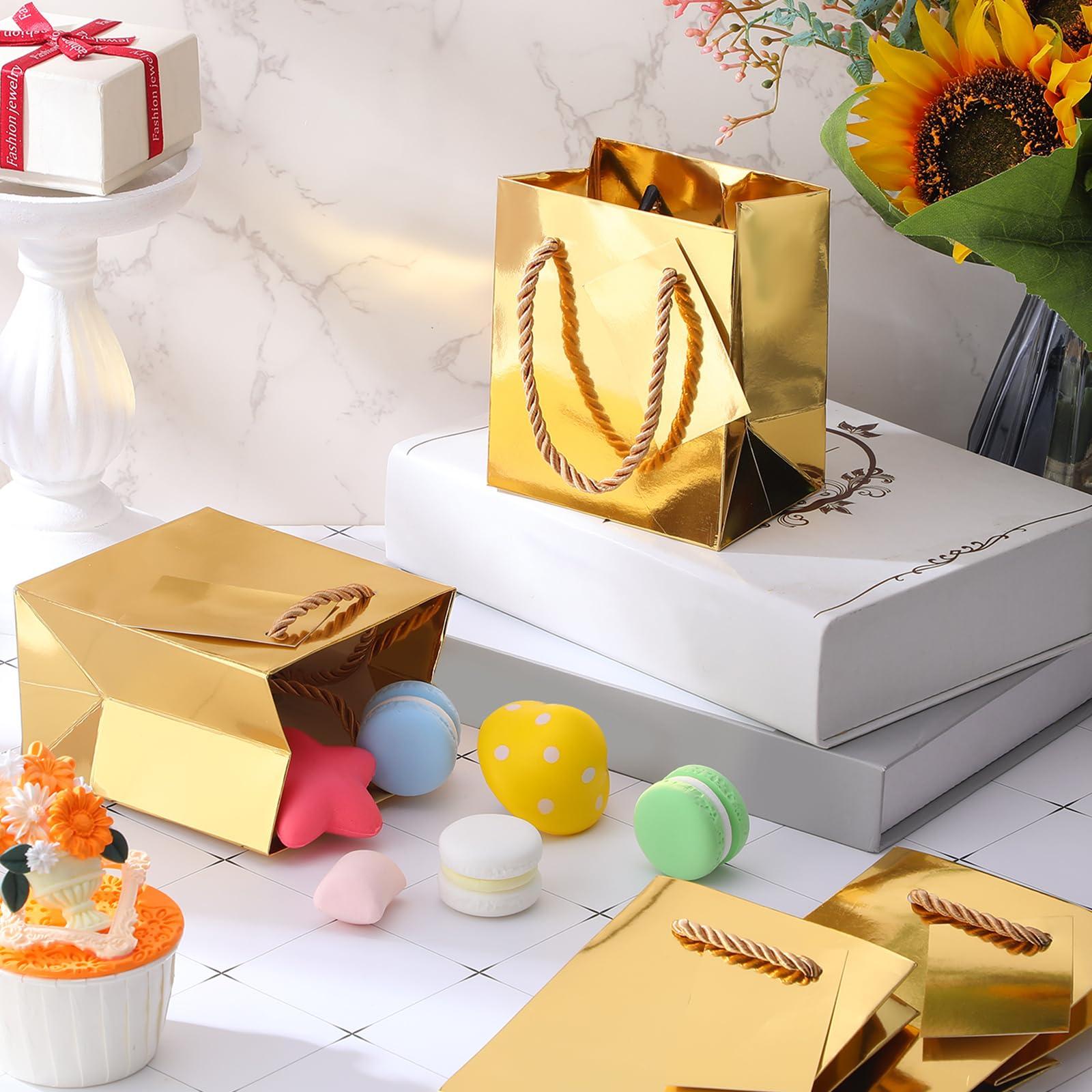 Nuanchu Nuanchu 50 Pcs Mini Gift Bags Bulk, 4 x 2.75 x 4.5 Inch Paper Bags with Gift Tags, Extra Small Metallic Paper Totes with Handles for Birthday Weddings Baby Showers Party Favors Gifts (Gold)