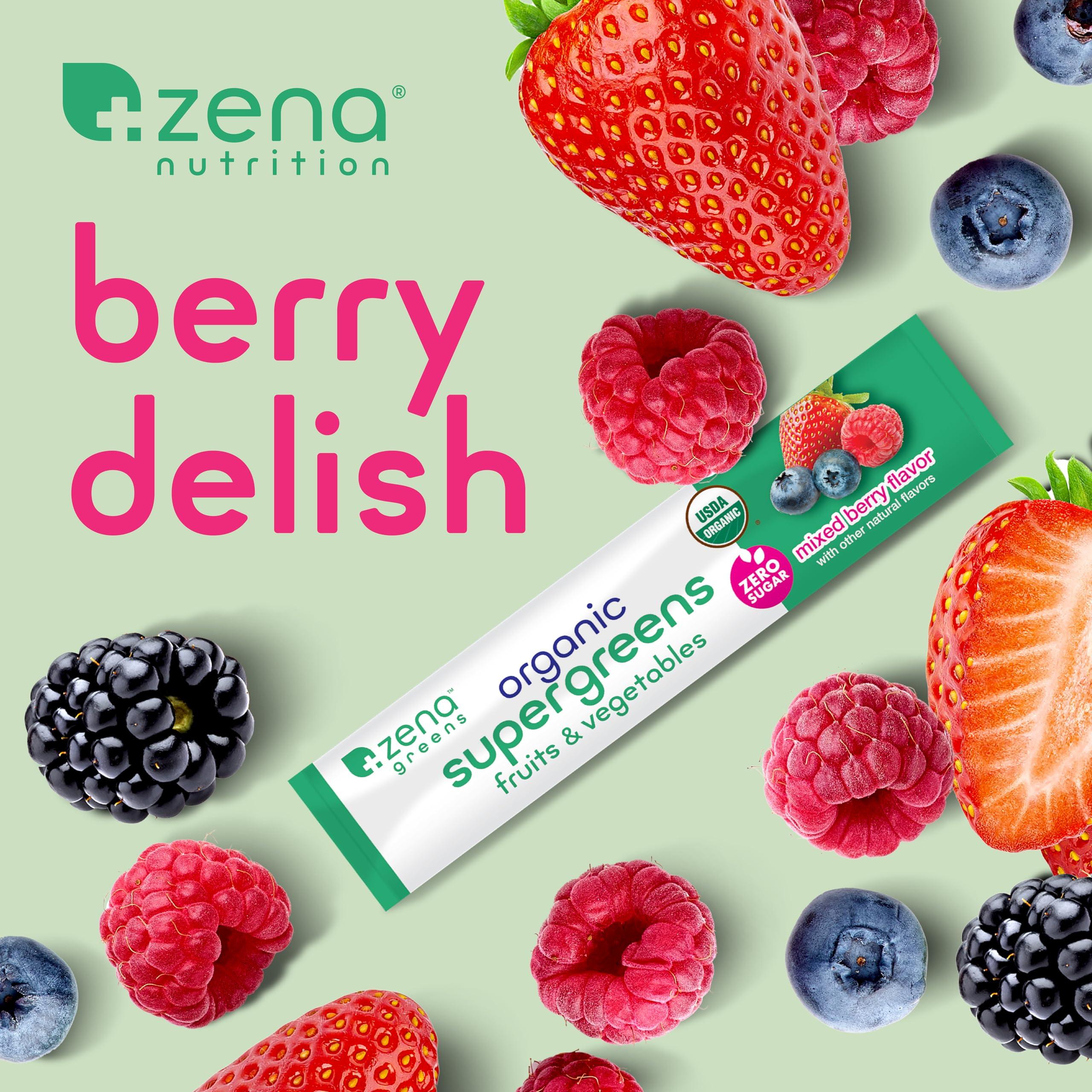 Zena Fit Nutrition Zena Organic Super Greens Powder, 70+ Superfoods Drink Mix, 0 Sugar, 3G Fiber, Fruits, Veggies, Spirulina, Chlorella, Antioxidants, Pre & Probiotics, Digestive Enzymes, Mixed Berry Flavor, 30 Packets