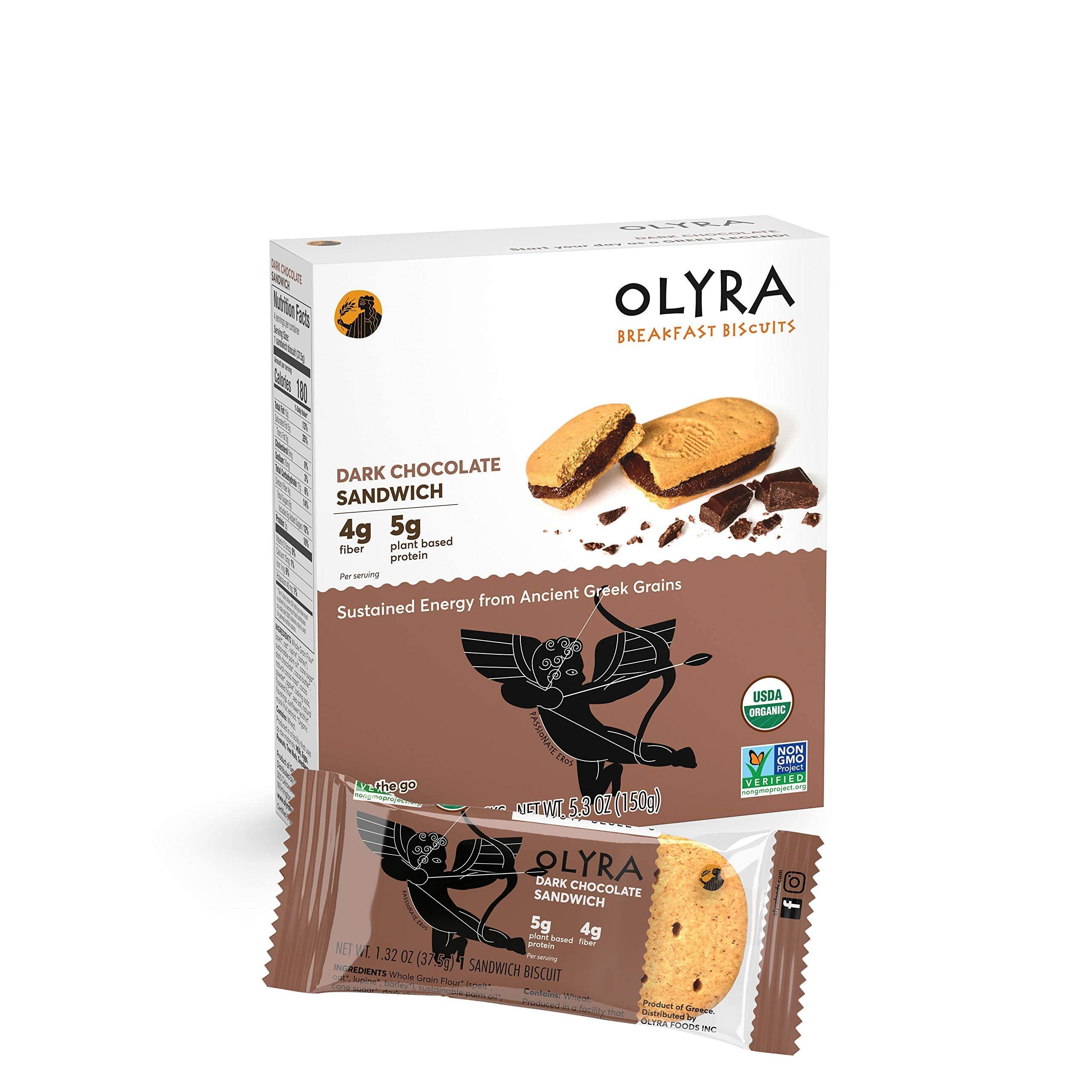 Olyra Ancient Greek Grains Olyra Dark Chocolate Sandwich Breakfast Biscuits, Healthy Snacks for Kids and Adults, Low Sugar, High Fiber, Vegan Organic Cookies, with Ancient Greek Grains, USDA Certified Organic, Non GMO, 4 Packs
