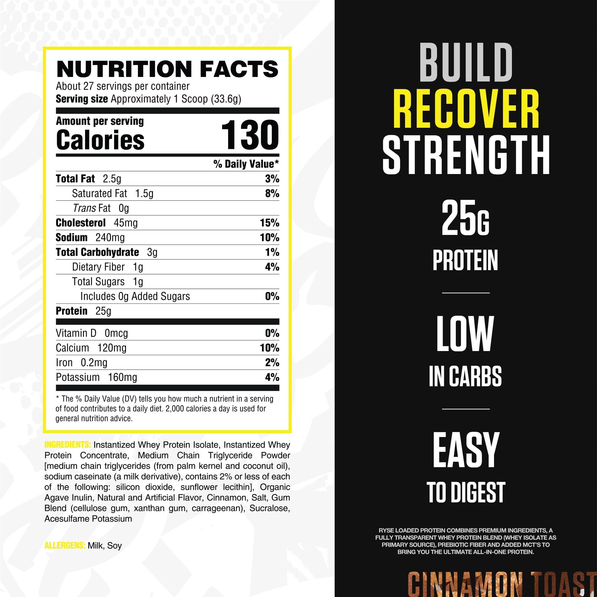 RYSE Up Supplements Ryse Loaded Protein Powder | 25g Whey Protein Isolate & Concentrate | with Prebiotic Fiber & MCTs | Low Carbs & Low Sugar | 27 Servings (Cinnamon Toast)