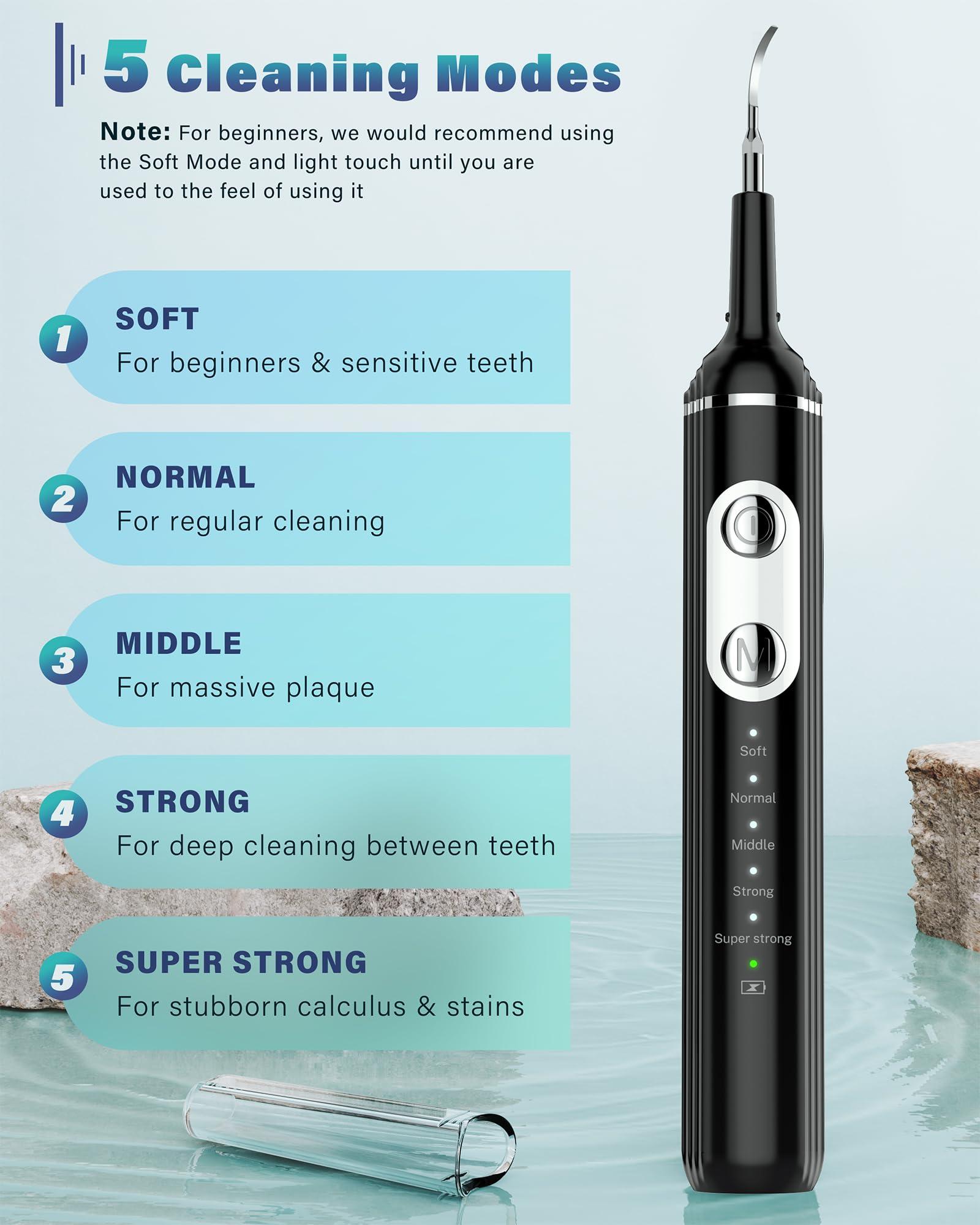 NATURE NERDS Plaque Remover for Teeth, Dental Cleaning Kit Tartar Remover for Teeth with LED Light & 5 Modes, Rechargeable Dental Cleaner, 4 Replaceable Heads