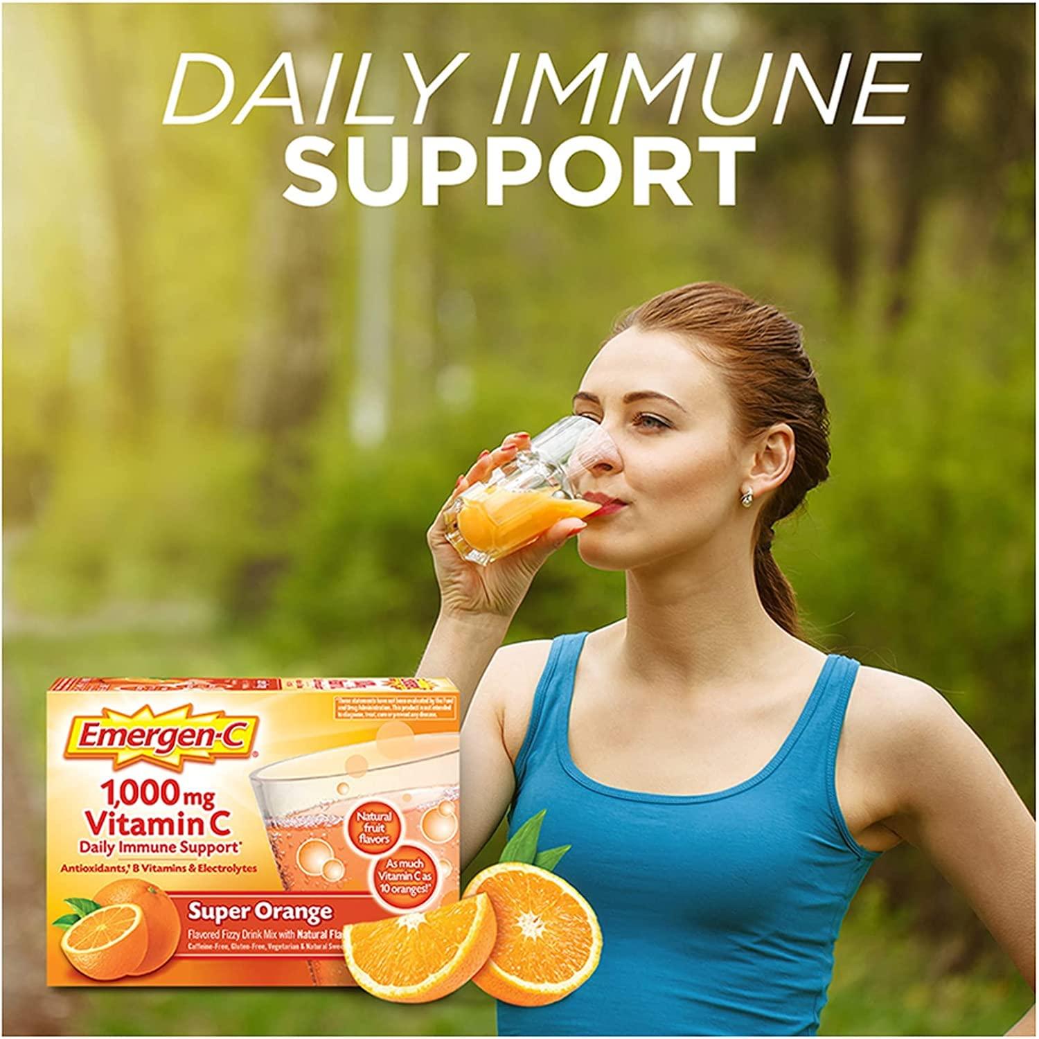 Emergen-C Emergen-C 1000mg Vitamin C Powder for Daily Immune Support Caffeine Free Vitamin C Supplements with Zinc and Manganese, B Vitamins and Electrolytes, Super Orange Flavor - 60 Count (Pack of 2)