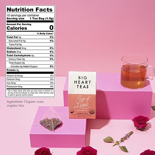 Big Heart Tea Co. Big Heart Tea Co. Tea Bags - Cup of Love Red Rose - Certified Organic, Floral Ayurvedic Herbal Decaf Tea in Zero Plastic Sachets with Small Batch Ground Herbs, Adaptogenic Tulsi, 10 Tea Bags