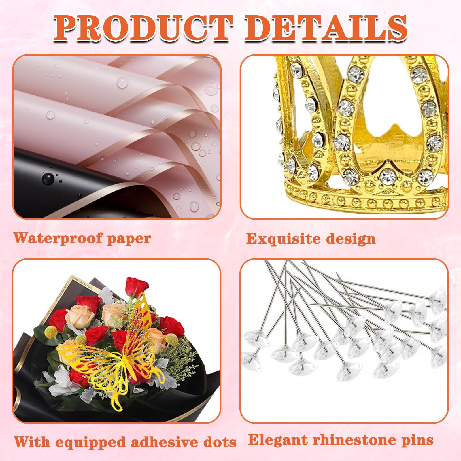 WUEURU WUEURU 195PCS Flower Wrapping Paper Bouquet Kit, Crowns and 3D Butterflies Flower Bouquets Waterproof Roses Wrapping Paper Sheets Diamond Pins Ribbon Bouquet Supplies Florist Wrap