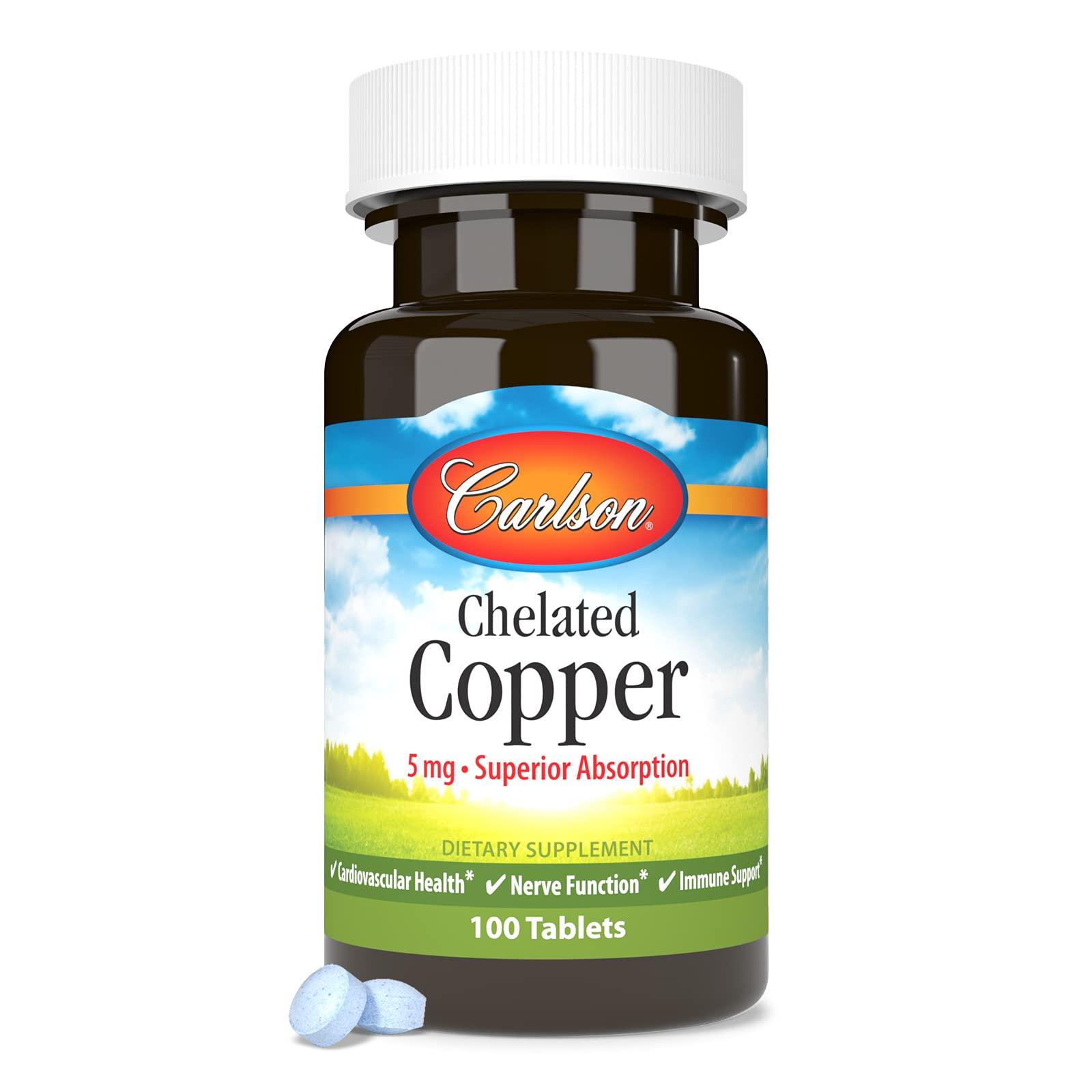 Carlson Carlson - Chelated Copper, 5 mg, Superior Absorption, Cardiovascular Health, Nerve Function & Immune Support, 100 Tablets