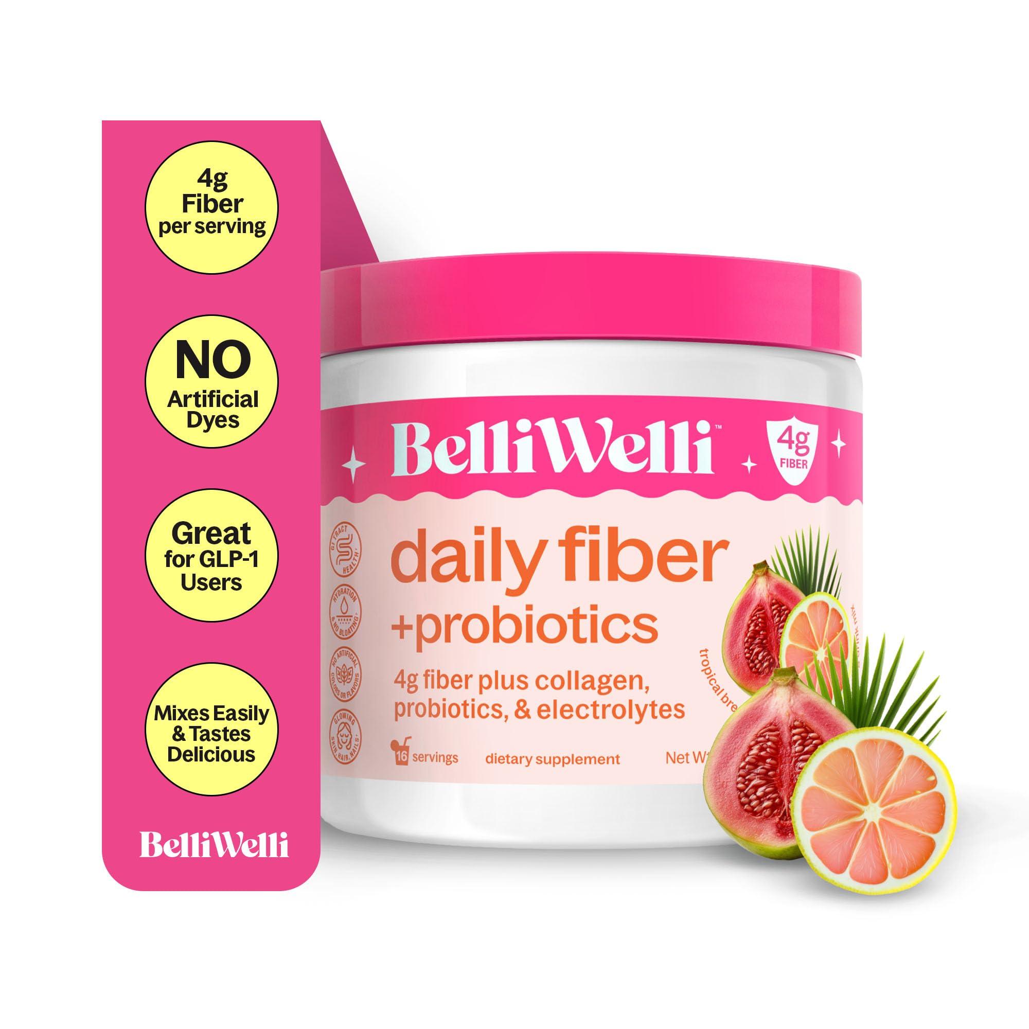 Belli Welli BelliWelli Daily Fiber Supplement Powder with Collagen, Probiotics & Electrolytes | Supports Digestive Health, Gut Balance & Debloating | Tropical Breeze | 16 Servings