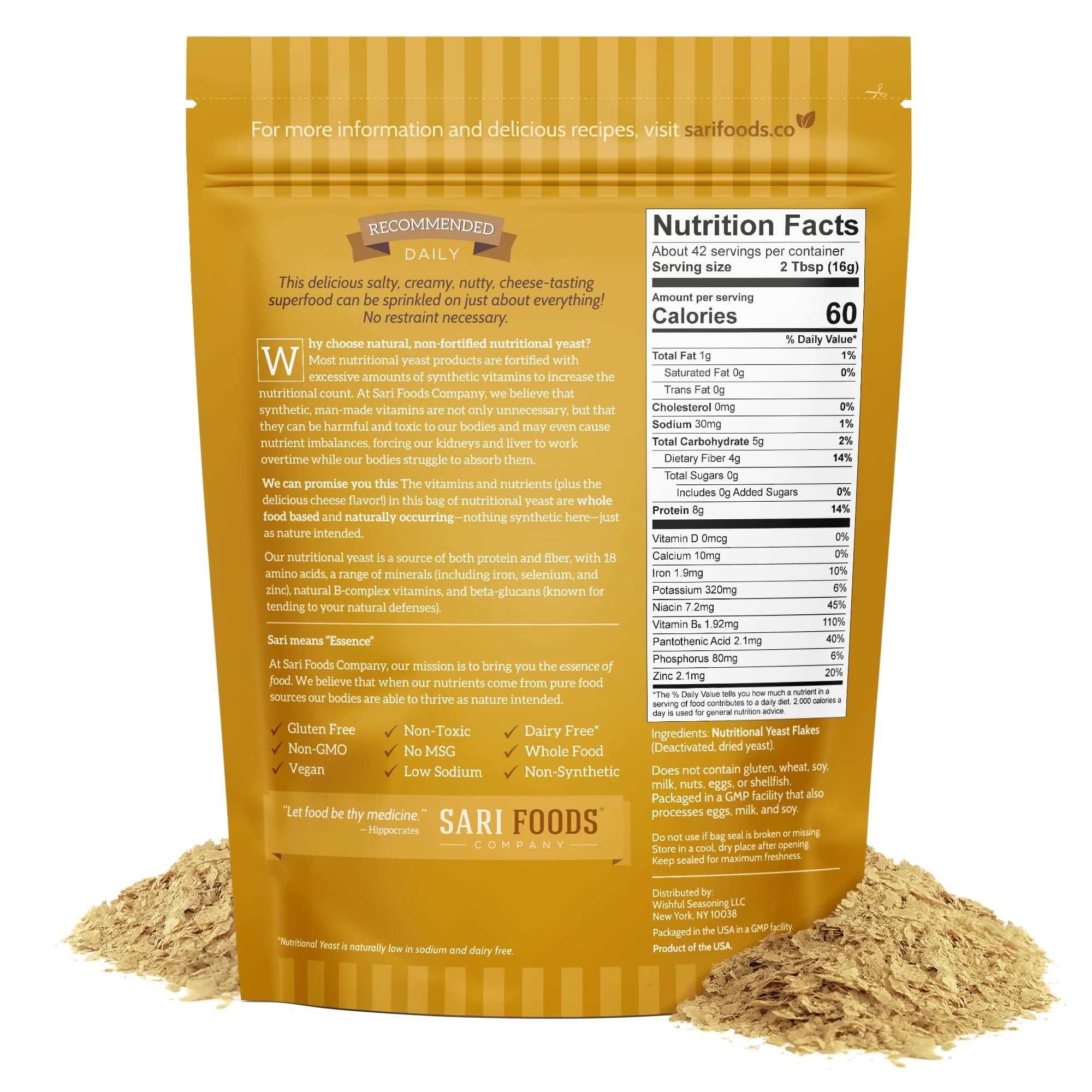 Sari Foods Co Non Fortified Nutritional Yeast Flakes, Whole Foods Based Protein Powder, Vegan, Gluten Free, Vitamins B, Beta-glucans, and All 18 Amino Acids (24 oz.)