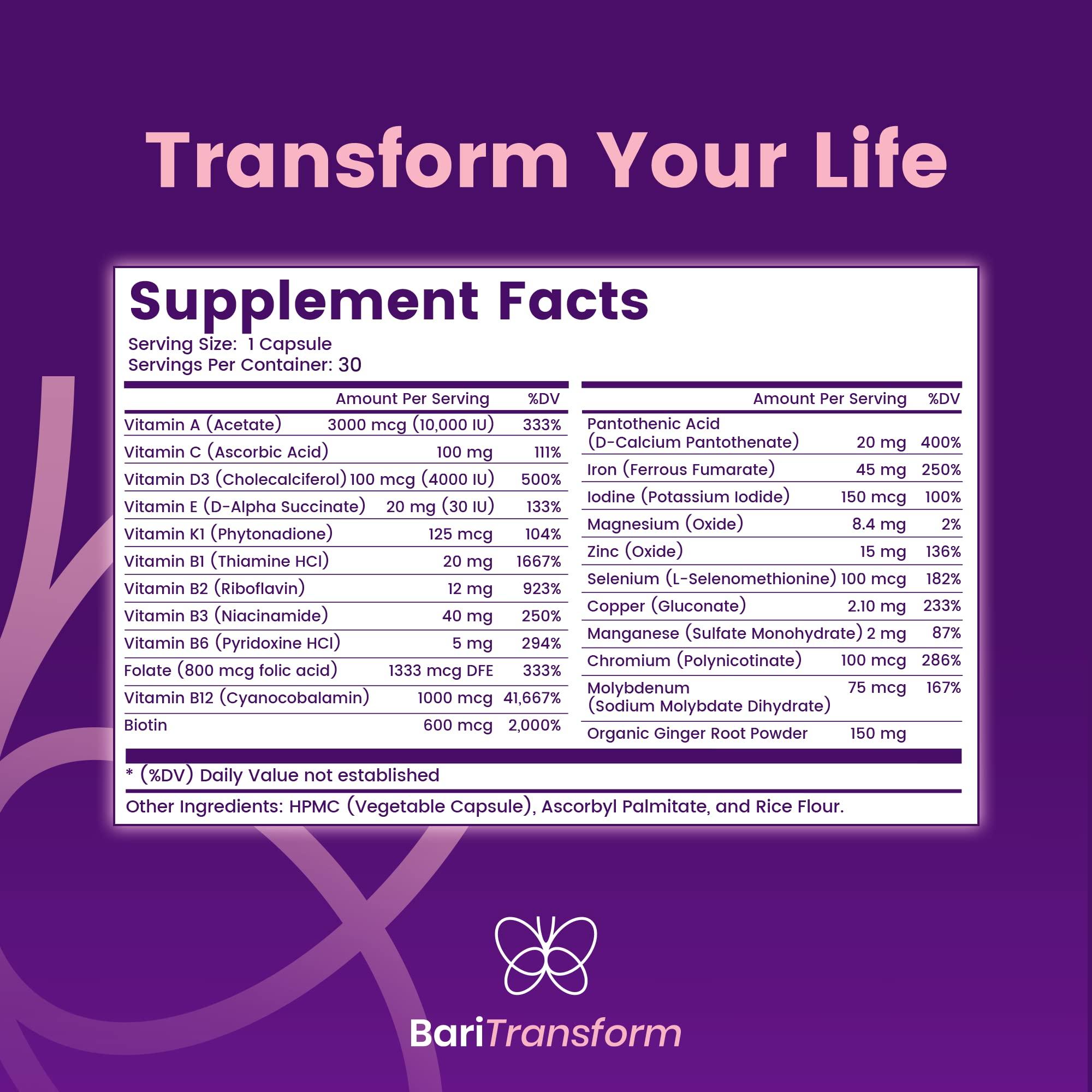 BariTransform BariTransform Bariatric Multivitamin with Iron Capsule 30 Ct Bariatric Vitamins Multivitamin with Organic Ginger Root for Digestion Support Once-A-Day Vitamins