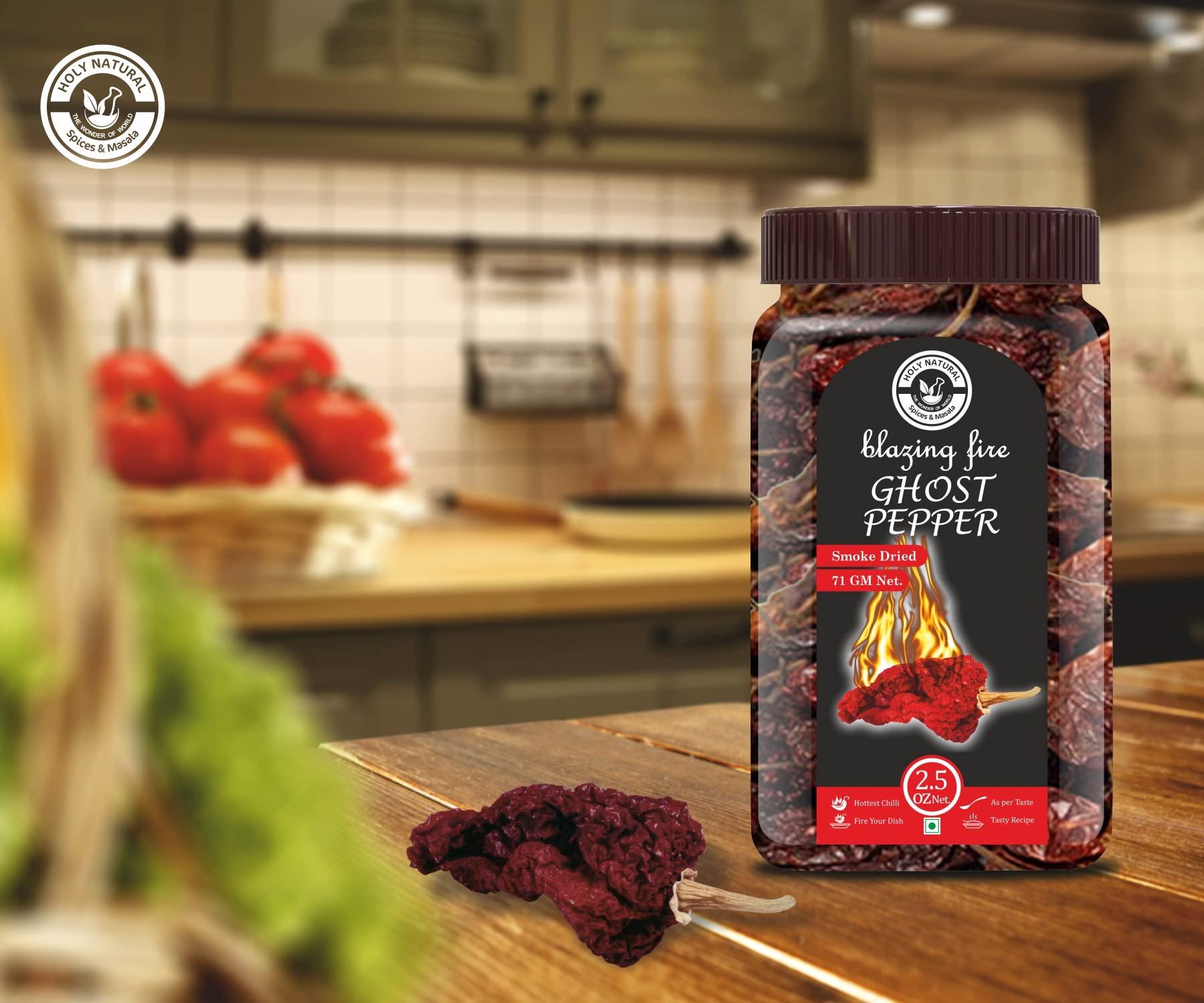 Holy Natural - The Wonder of World Ghost Pepper Chili Whole (Bhut Jolokia Chili/Ghost Pepper Pod) – 2.5 oz/71 gm, 100% Pure, Smoked, Hottest & Spicy Chili of the world, Add Unique, Delicious, and Smoky Flavour to Your Favourite Dishes